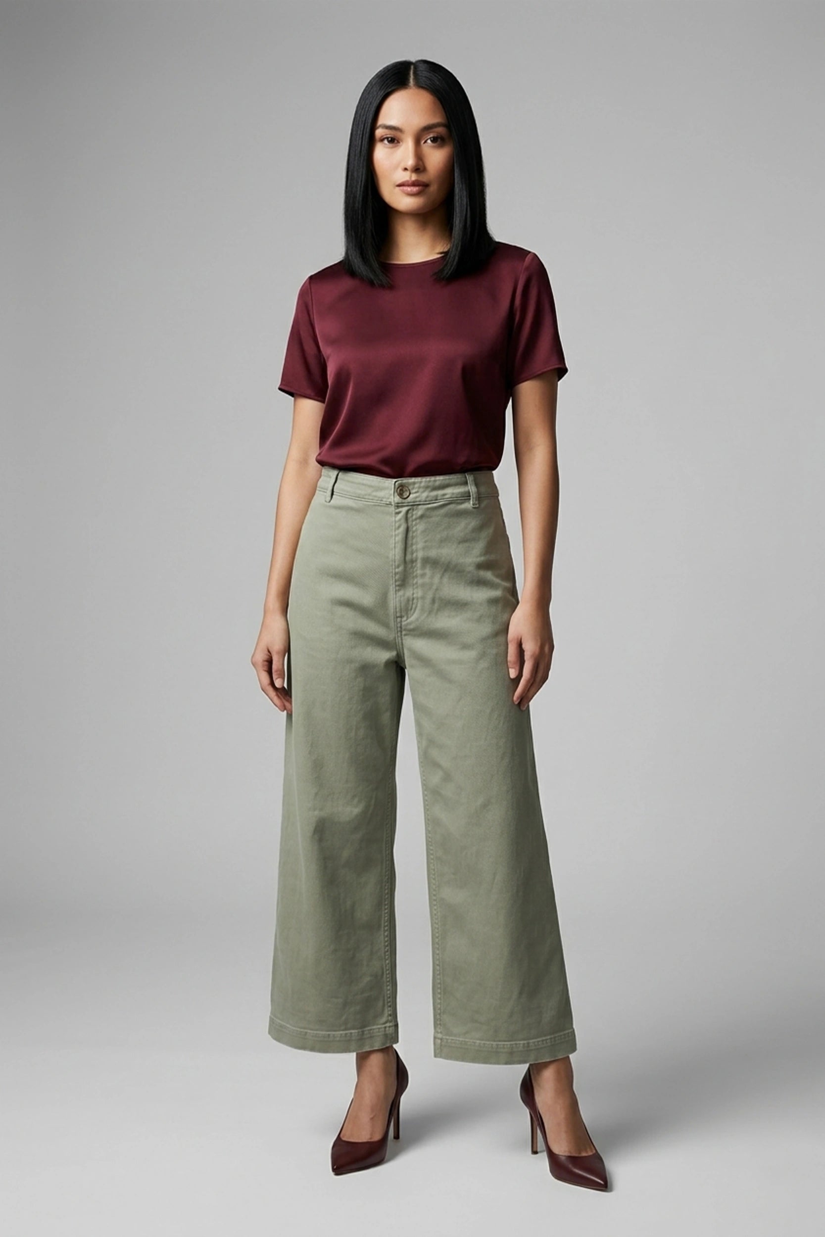 Ankle Cut Wide Leg High Waist Denim Pants Olive Green