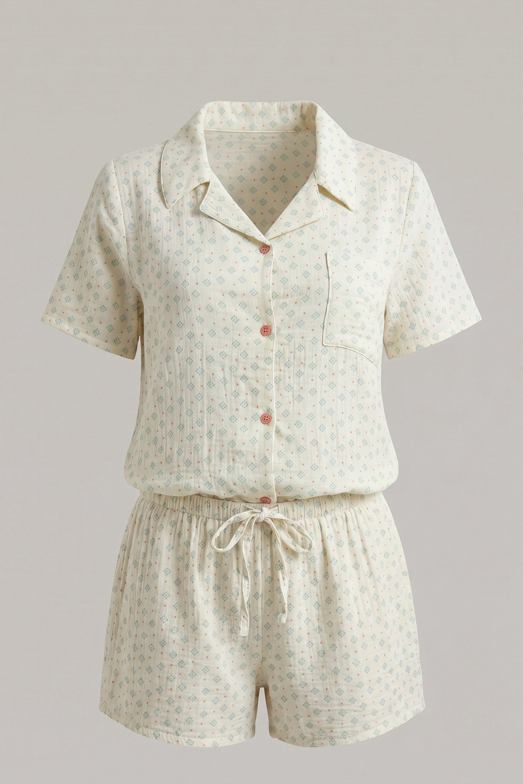 Women's Cotton Linen Short Set Printed Button Up Shirt