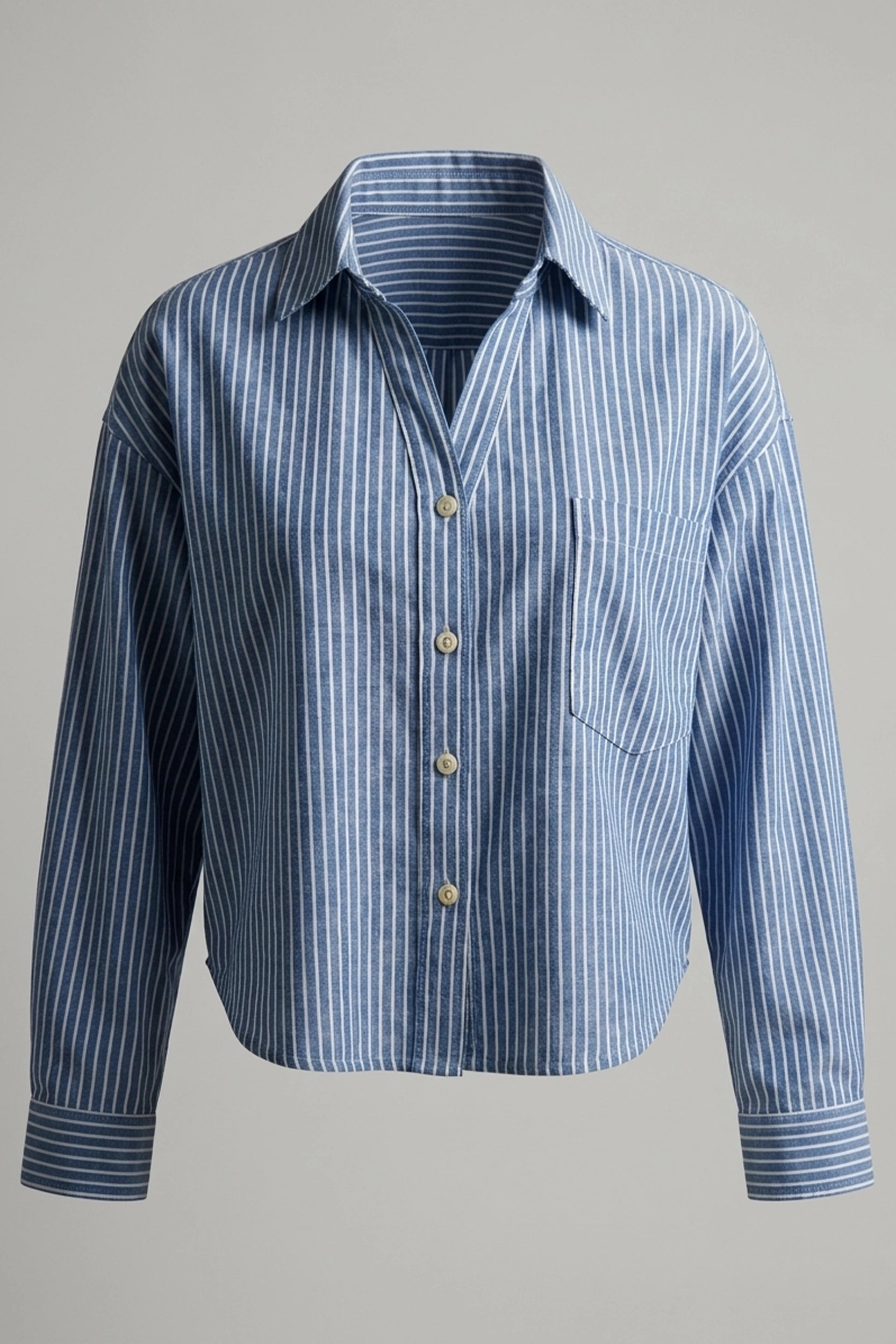 Women's Blue Striped Crop Long Sleeve Polo Shirt - Relaxed