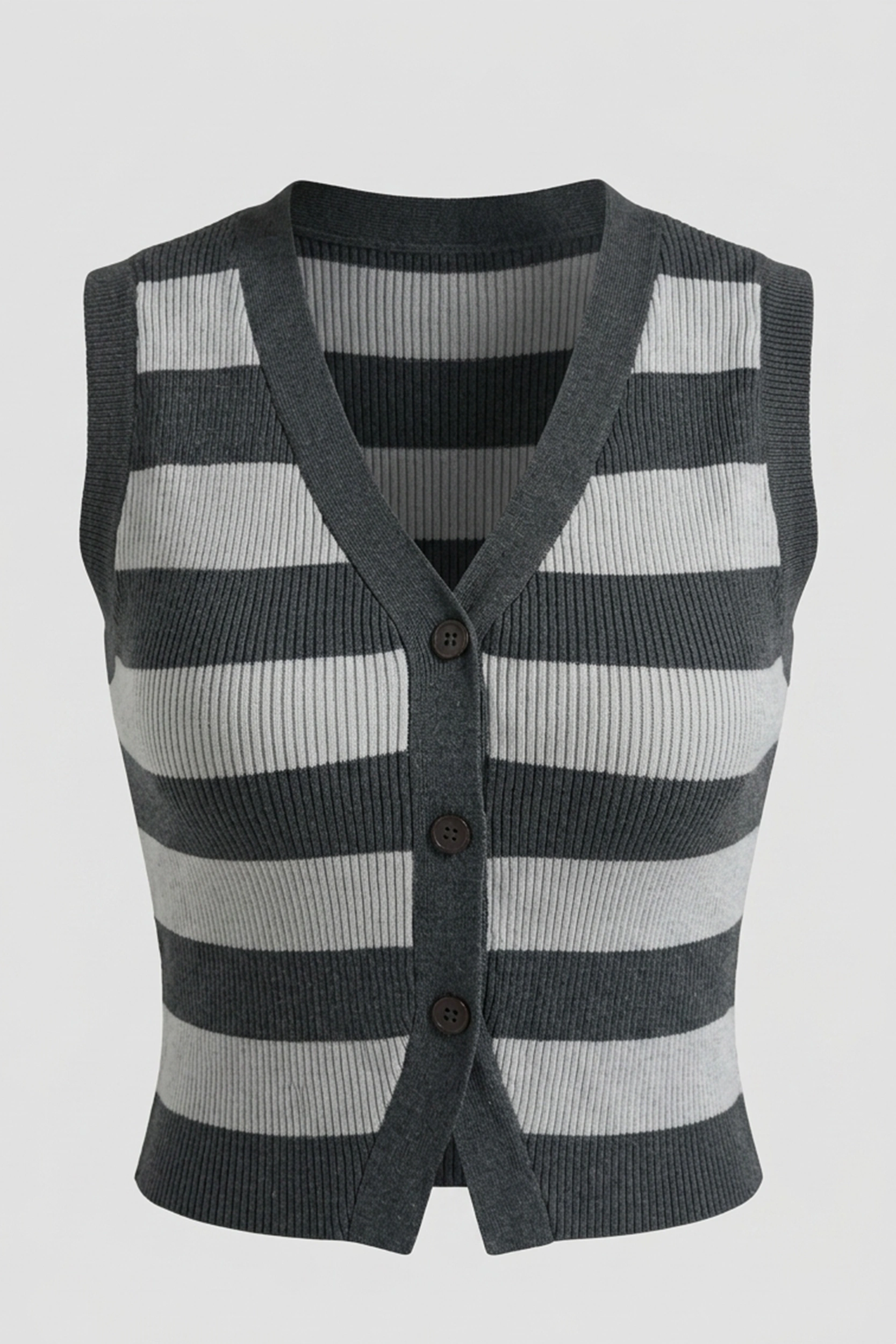 Women's Striped Knit Crop Vest Top Sleeve less- V-Neck Button