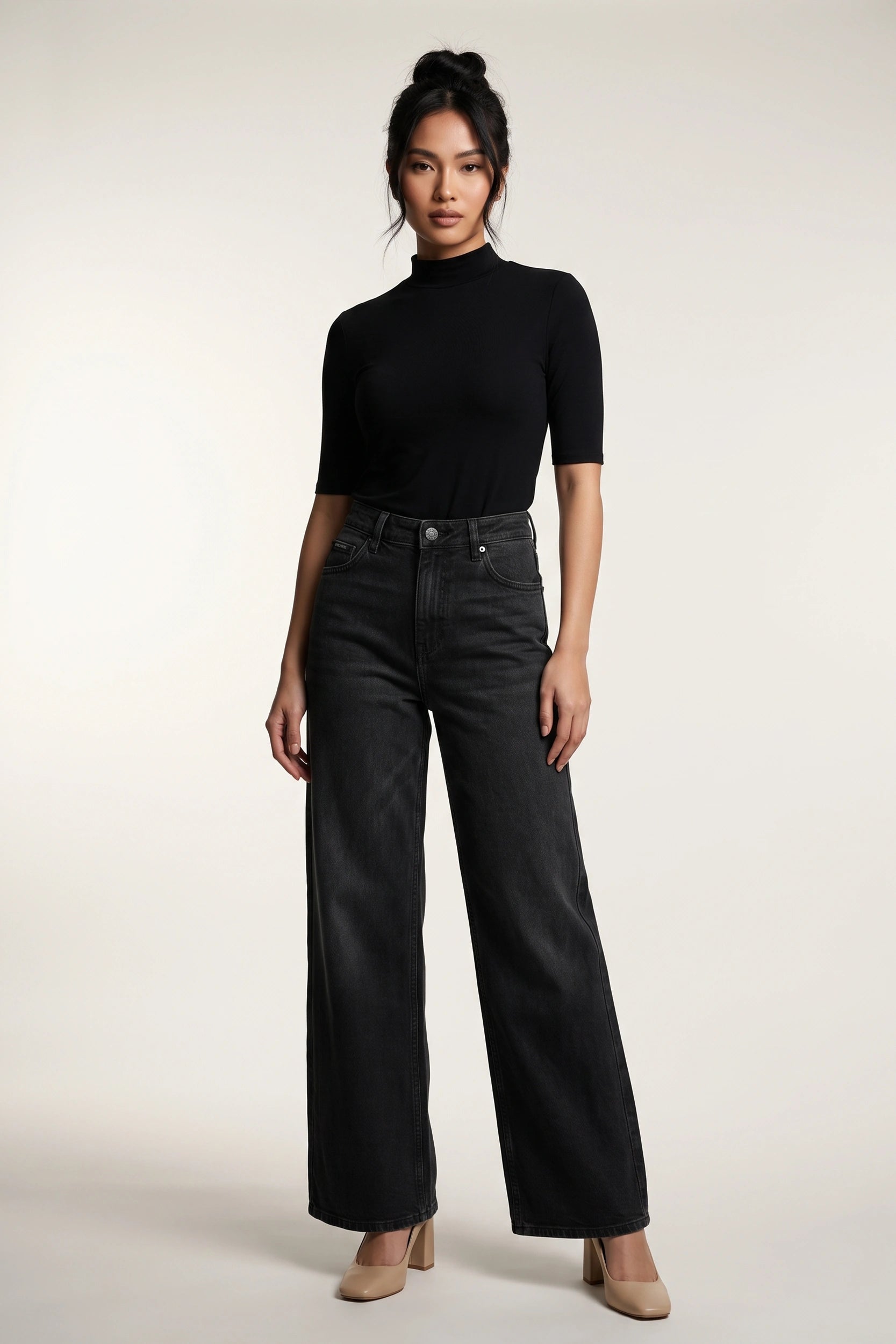 Slim Hip Wide Leg Denim Pants Women Black High Rise