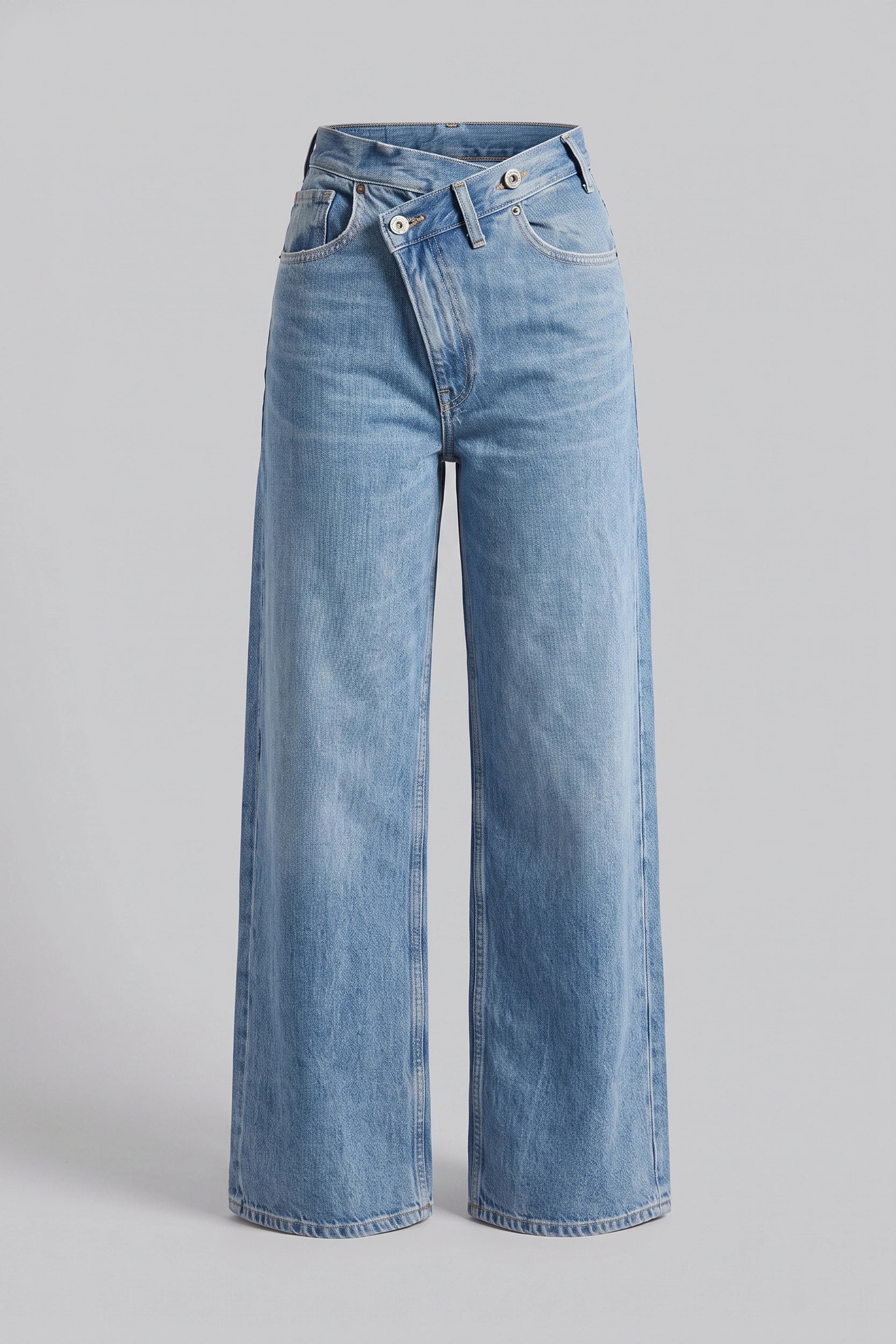 High Rise 2 Button Wide Leg Denim Jeans Women Light Blue