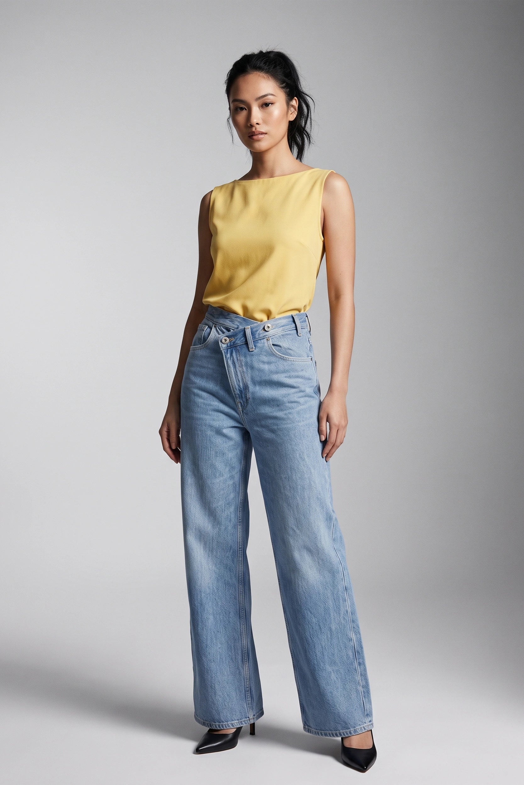 High Rise 2 Button Wide Leg Denim Jeans Women Light Blue