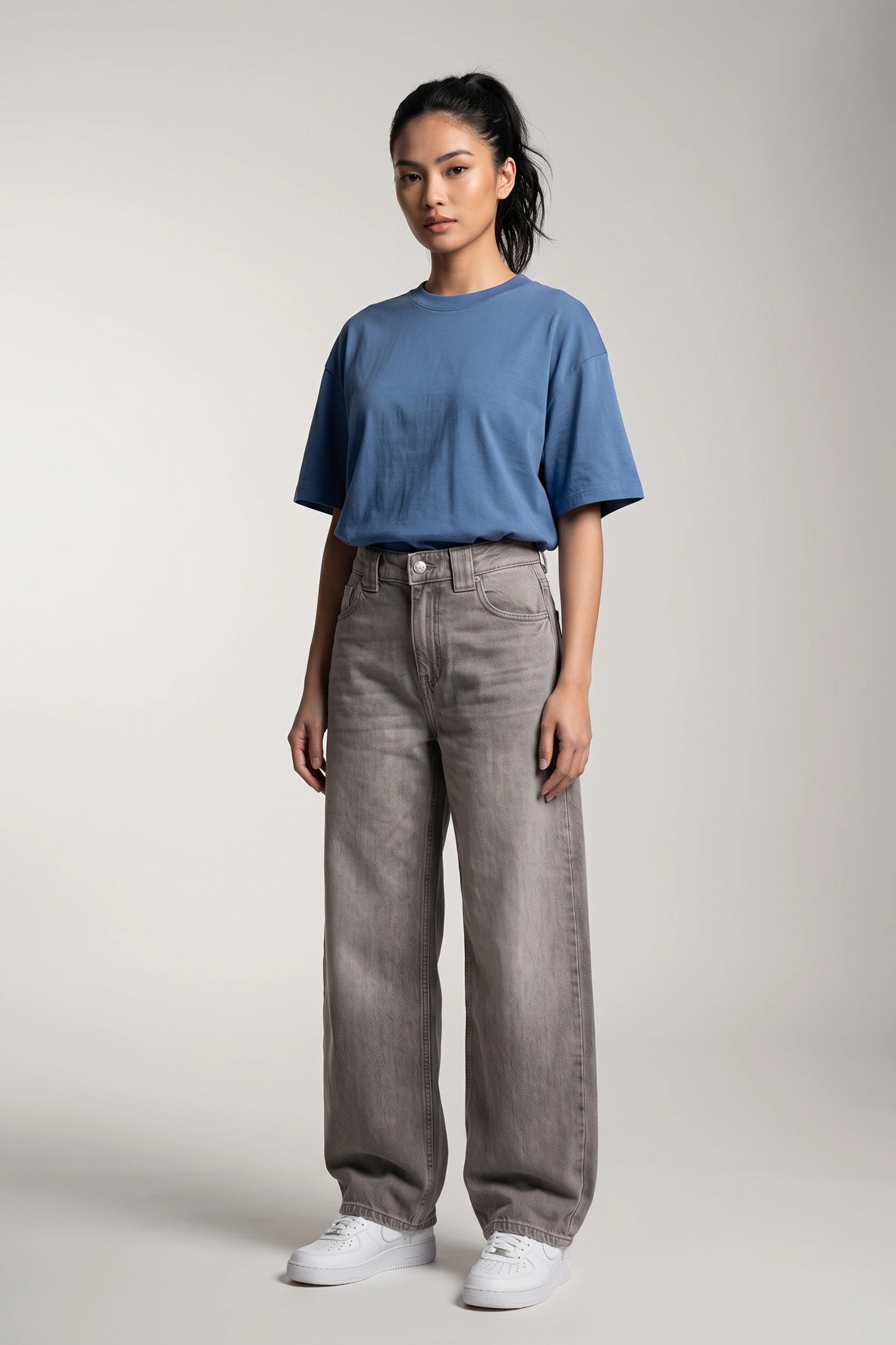 High Rise Barrel Jeans Women Ash Gray Acid Wash Denim