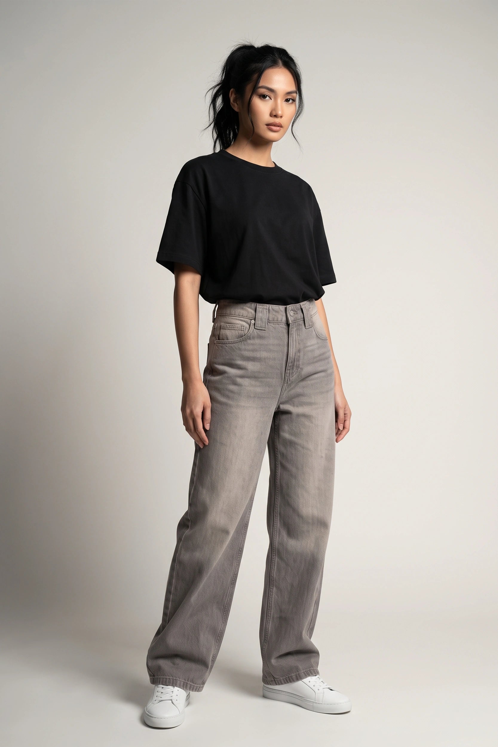 High Rise Barrel Jeans Women Ash Gray Acid Wash Denim