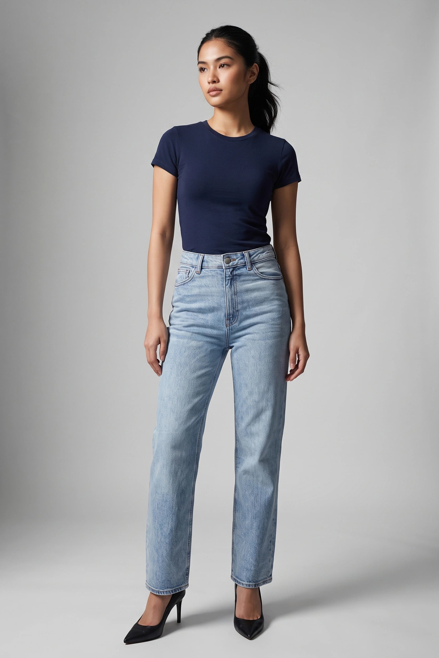 High Rise Wide Leg Jeans Women Marble Light Blue Denim