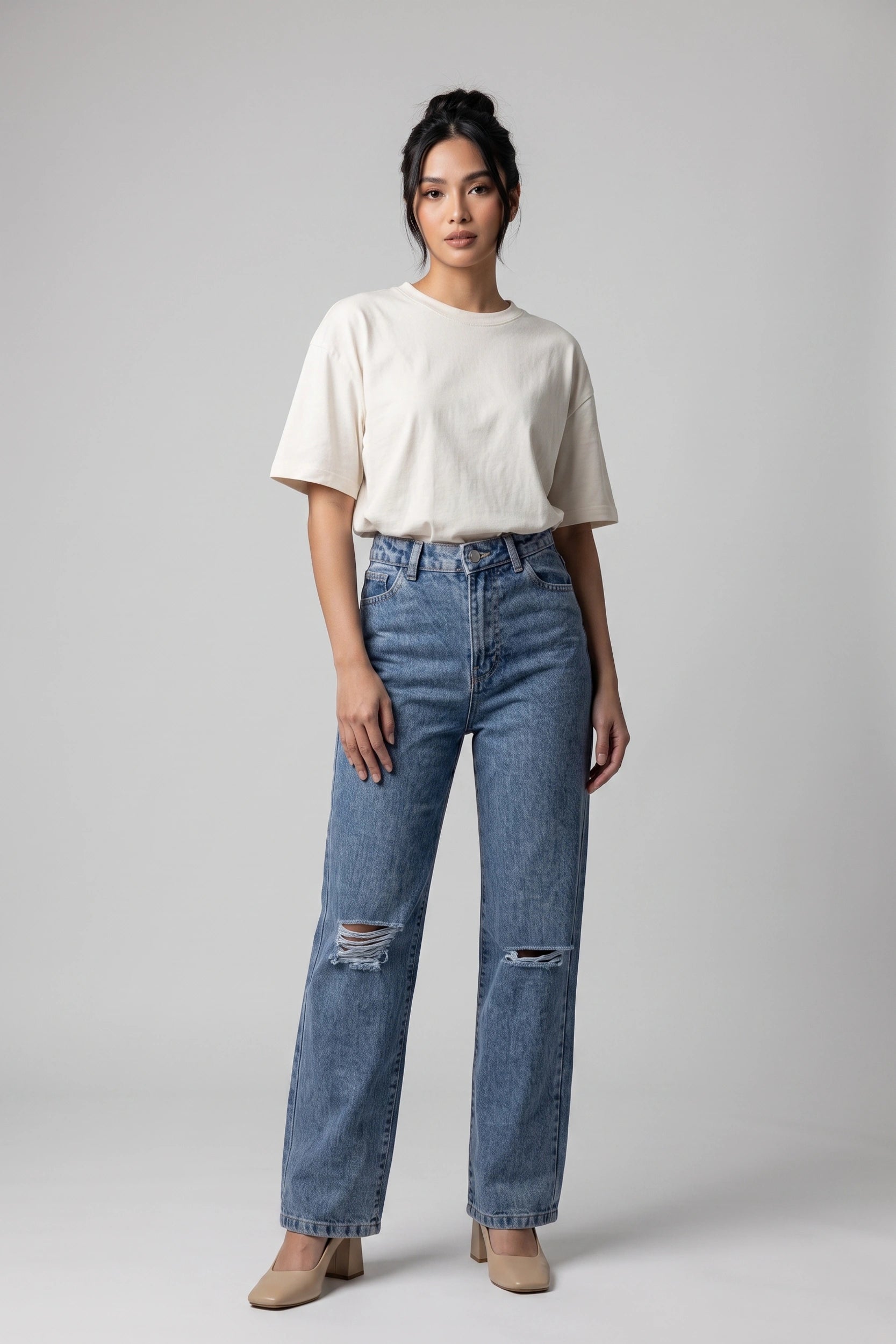 High Rise Straight Ripped Jeans Women Marble Blue Denim