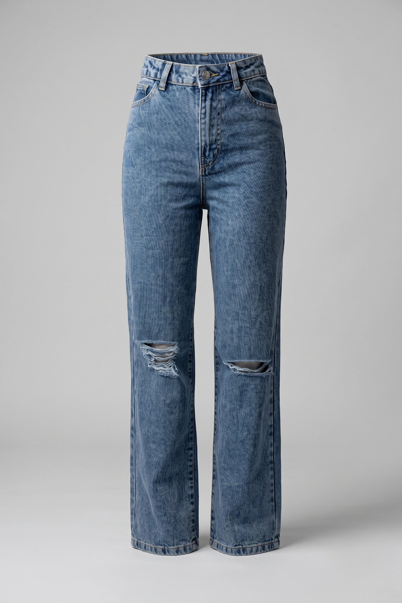 High Rise Straight Ripped Jeans Women Marble Blue Denim