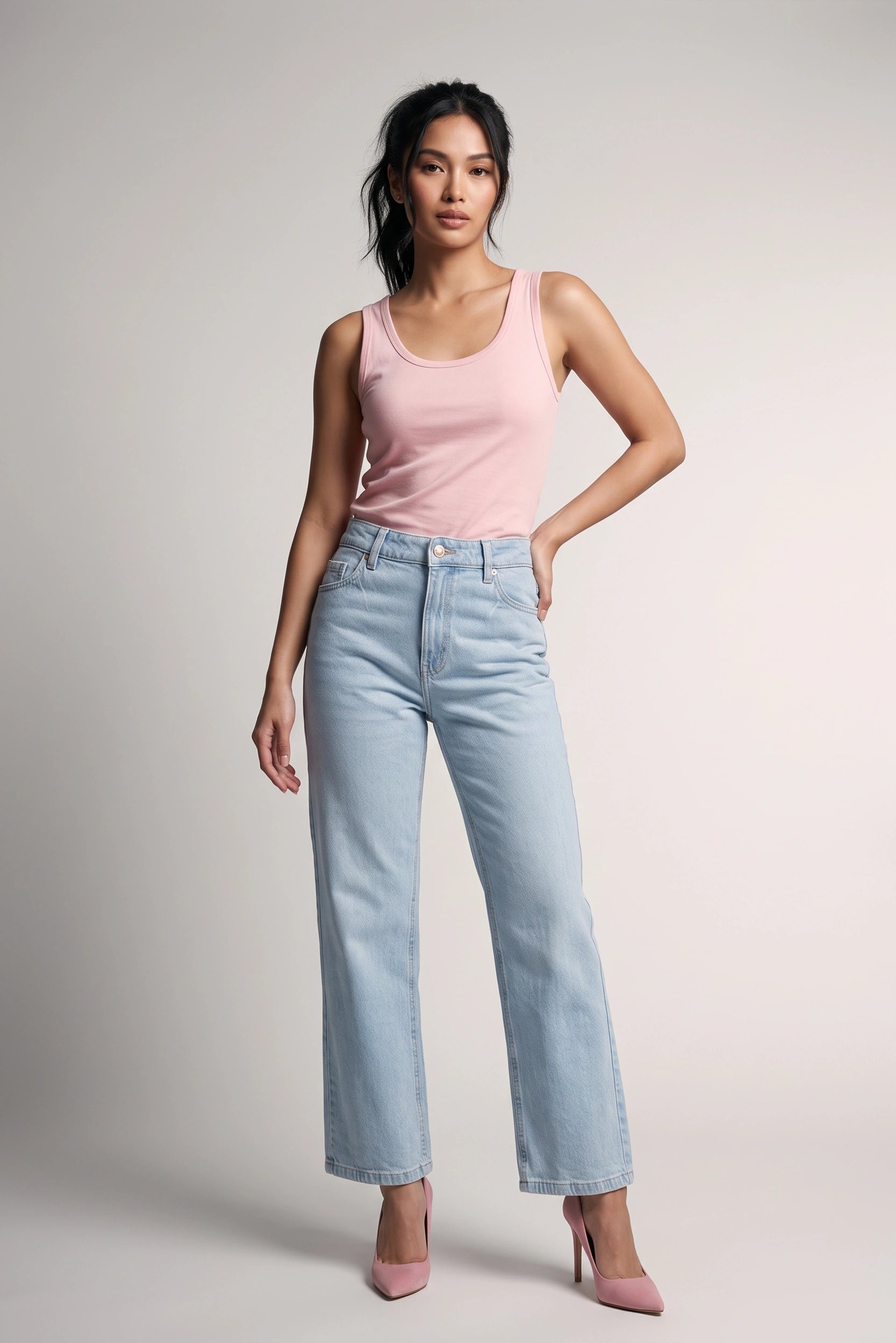 High Rise Straight Cut Pants Women Denim