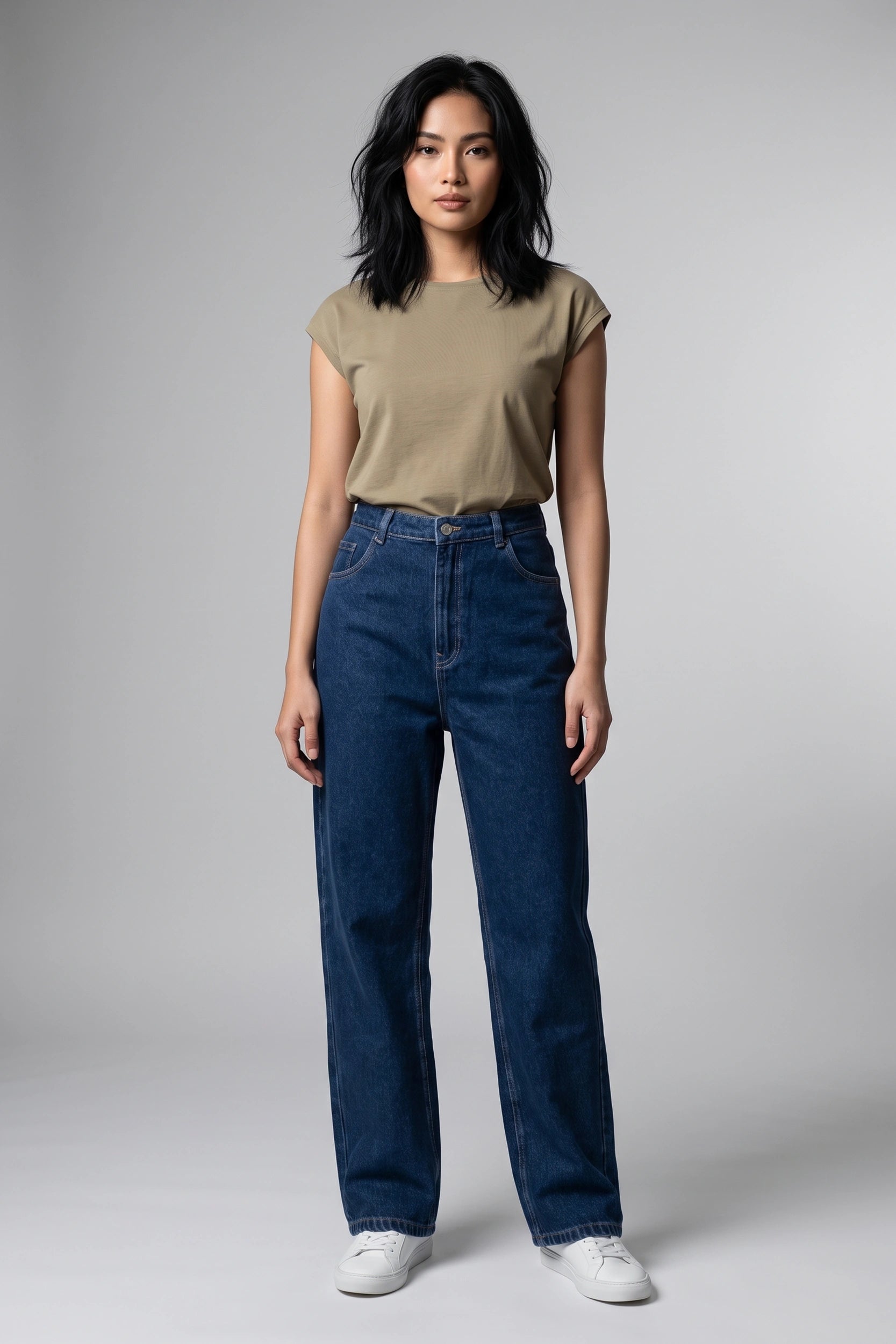 High Rise Straight Cut Denim Pants Women Dark Blue Jeans