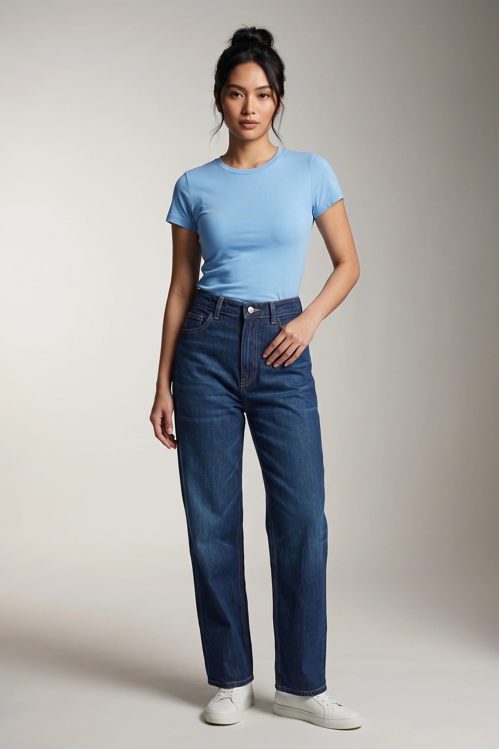 Ladies Straight Cut Mid Rise Denim Jeans