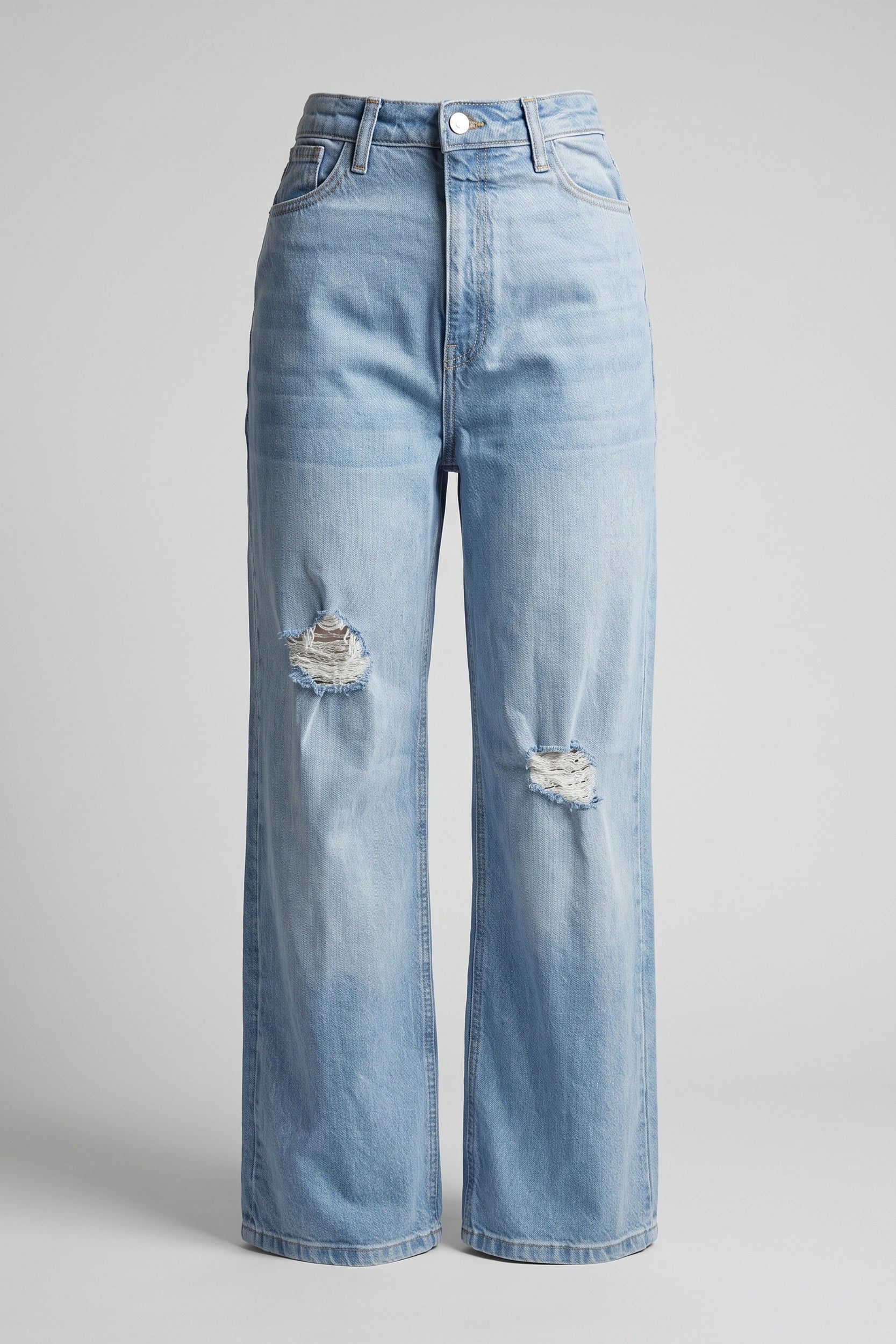 Ladies Denim Wide Straight High Rise Pants Light Blue