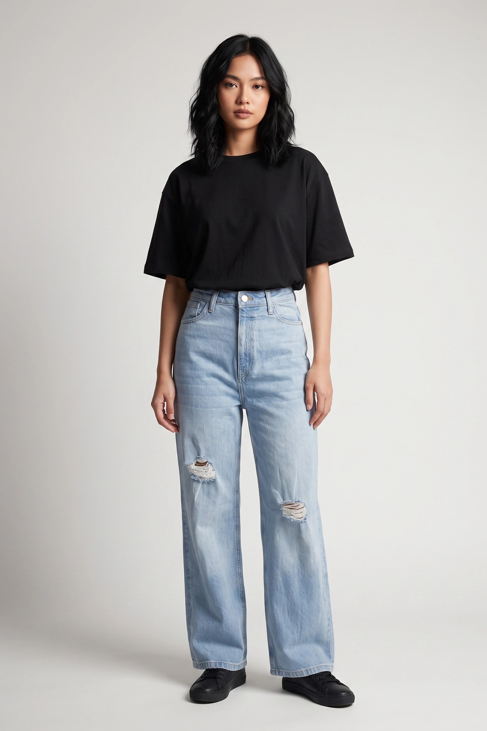Ladies Denim Wide Straight High Rise Pants Light Blue