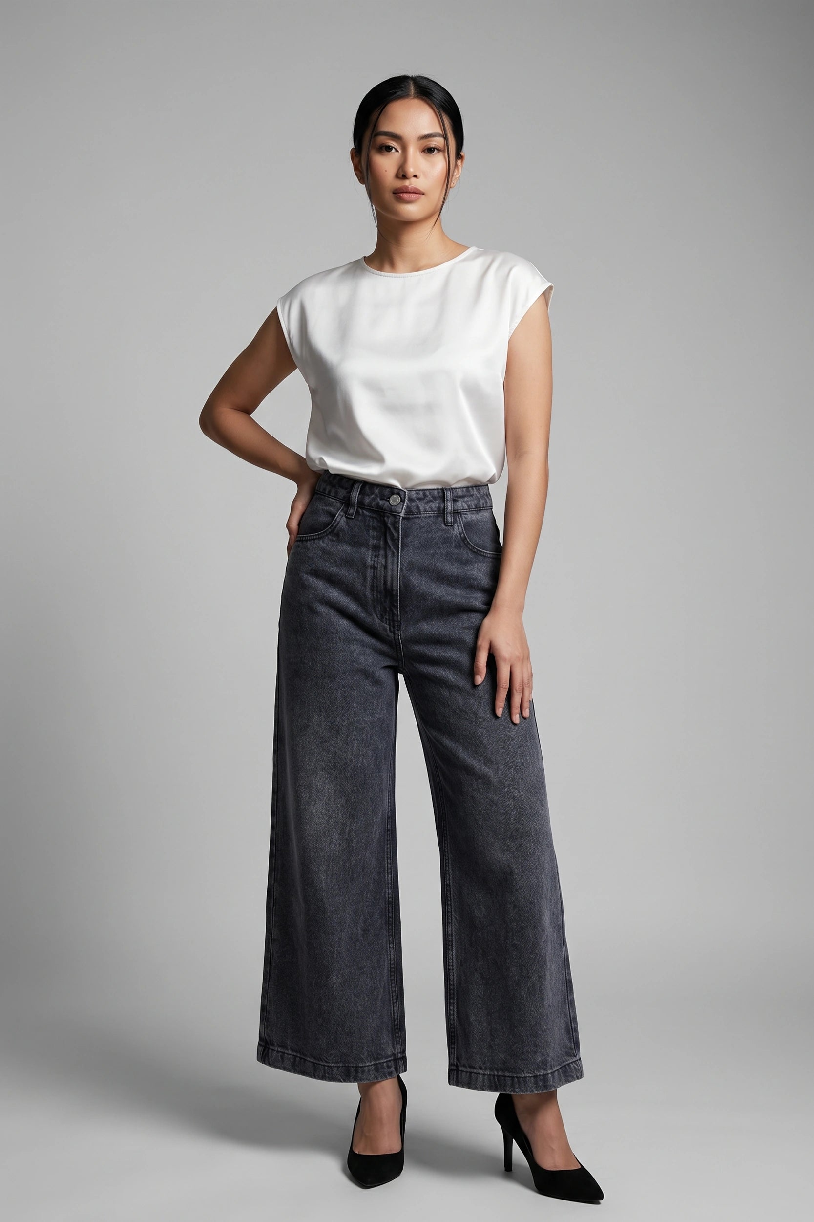 Ladies Wide Leg High Rise Jeans - Relaxed Comfort Fit