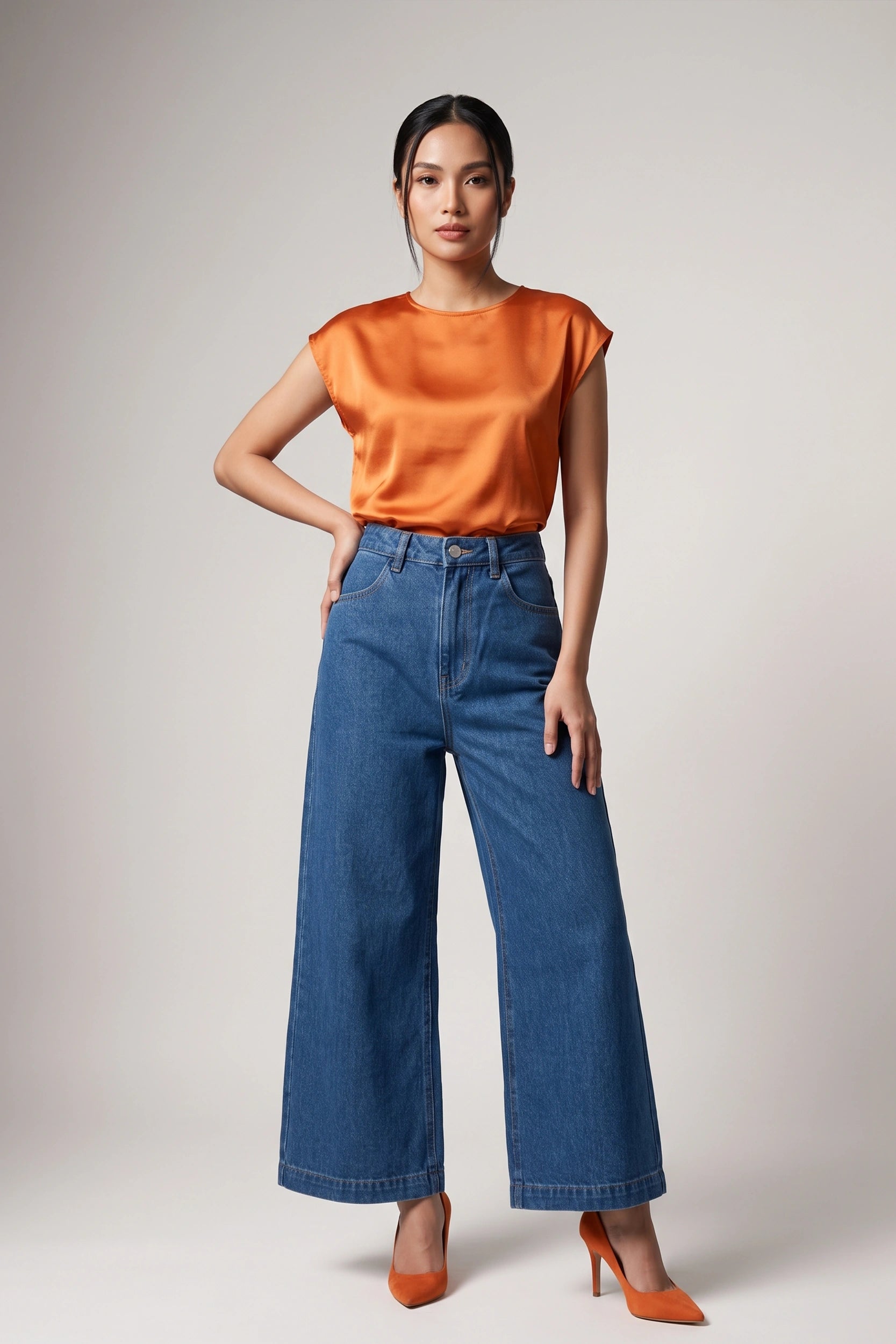 Ladies Wide Leg High Rise Jeans - Relaxed Comfort Fit