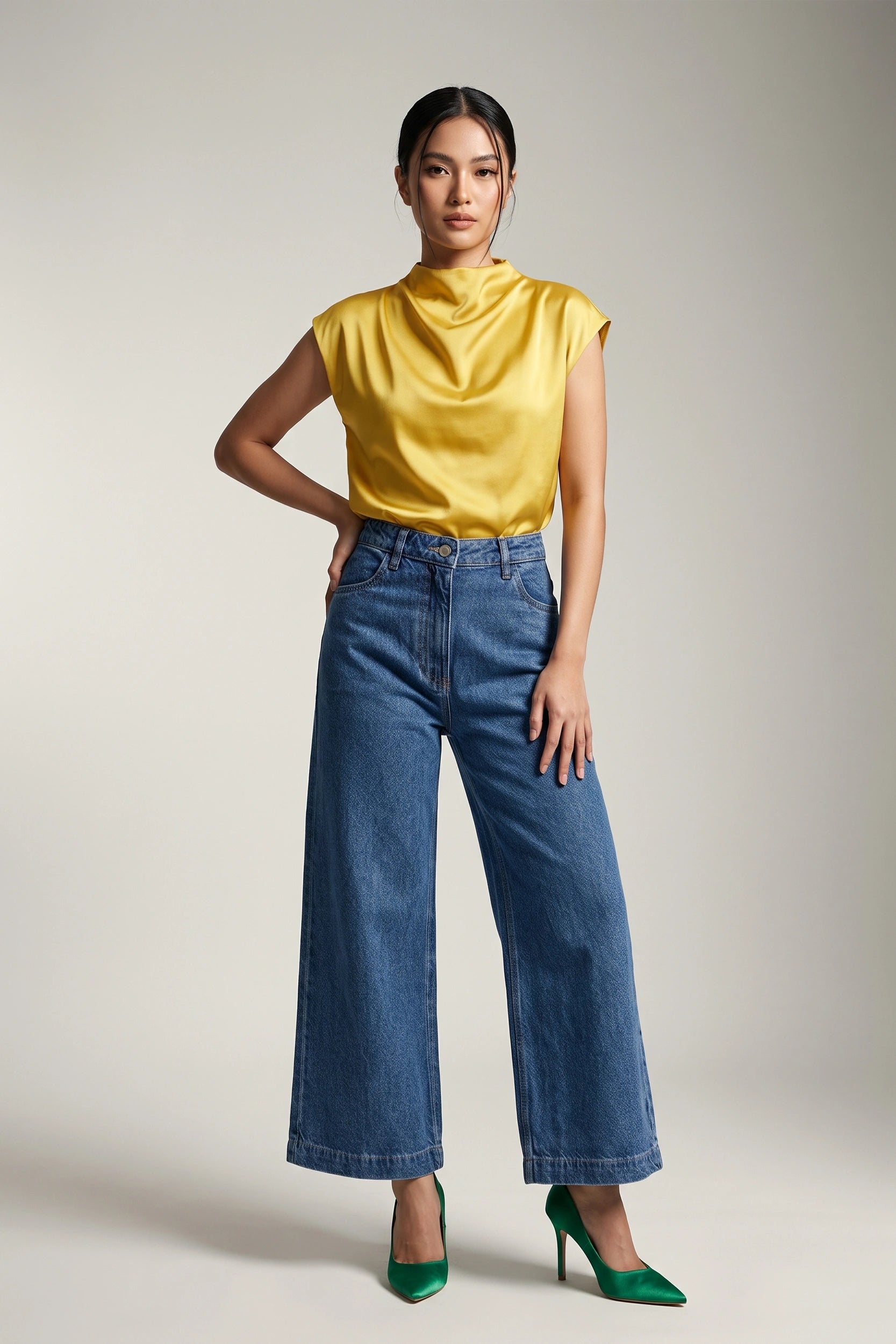 Ladies Wide Leg High Rise Jeans - Relaxed Comfort Fit