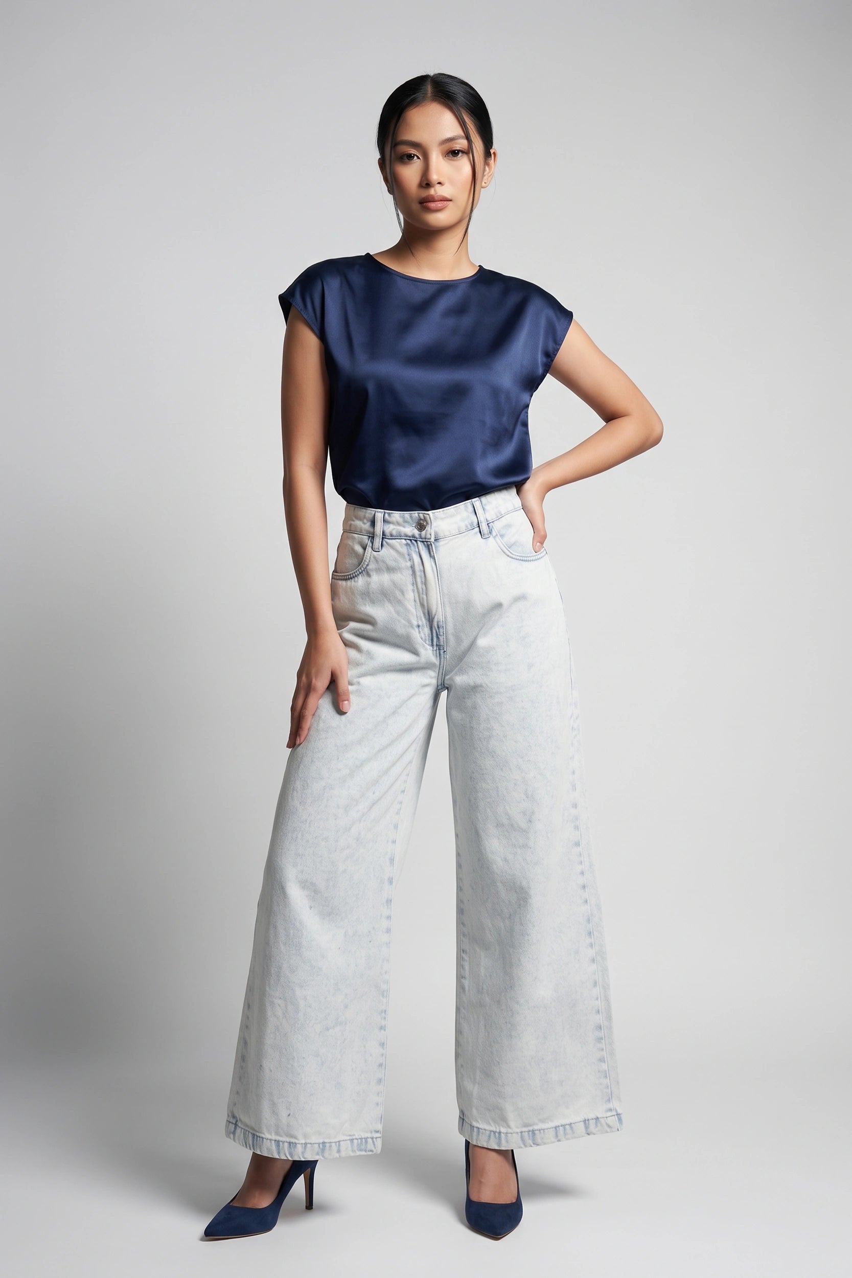 Ladies Wide Leg High Rise Jeans - Relaxed Comfort Fit