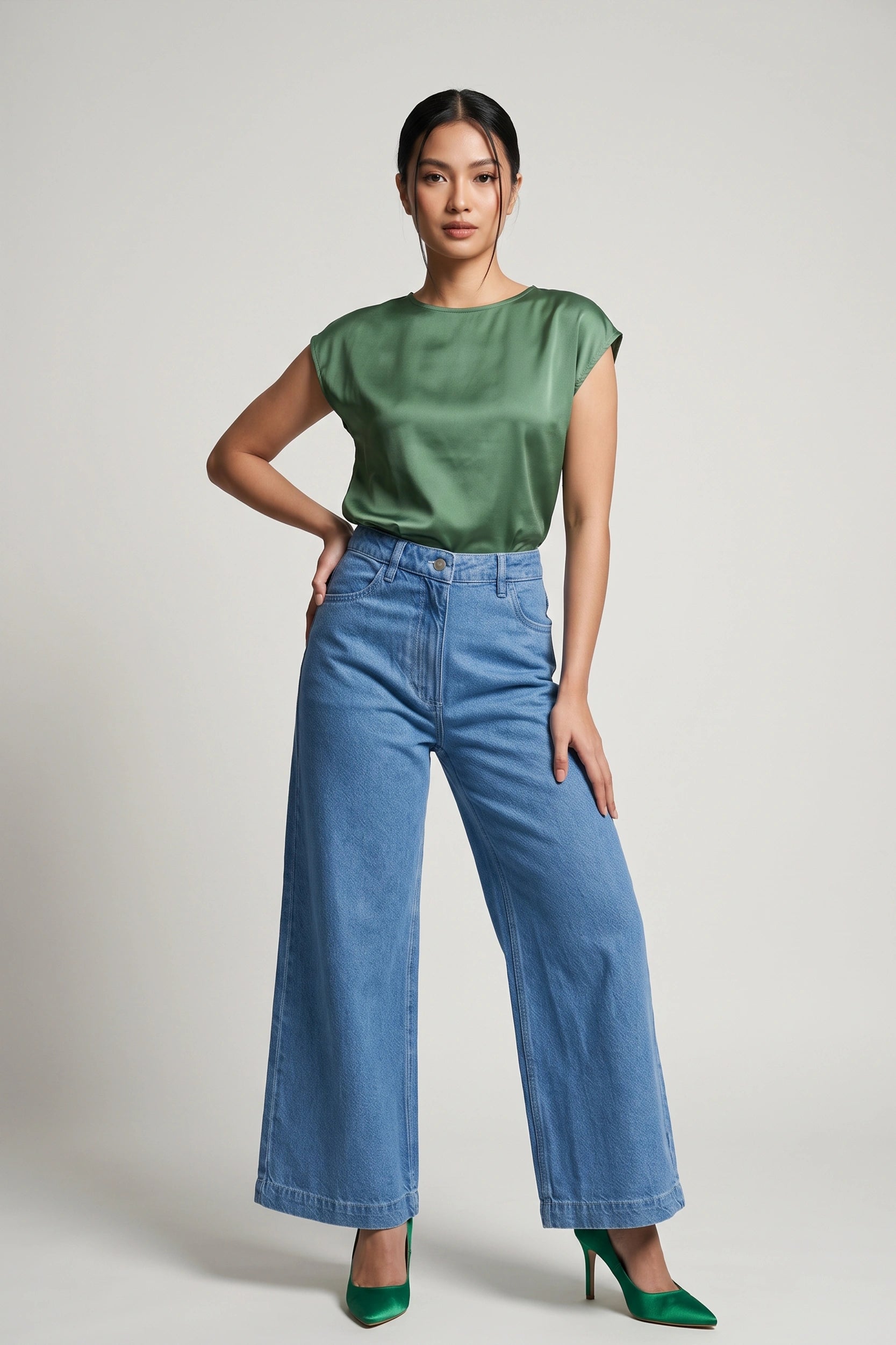 Ladies Wide Leg High Rise Jeans - Relaxed Comfort Fit