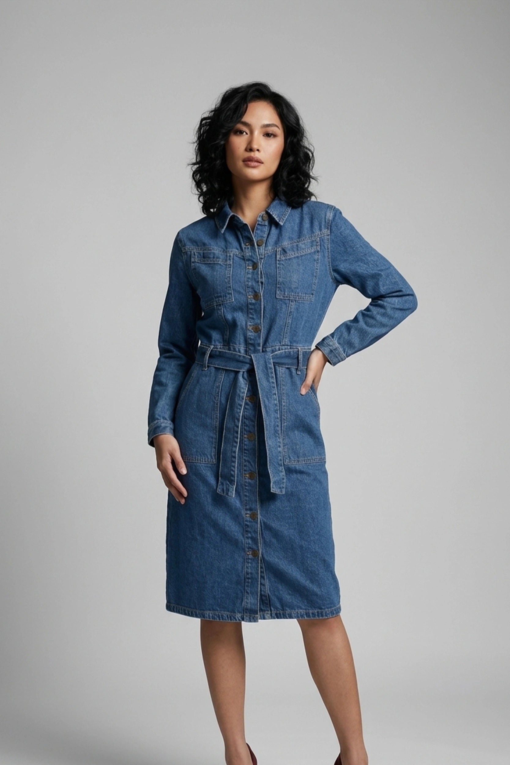 Ladies Long Sleeve Denim Dress with Waist Belt Style