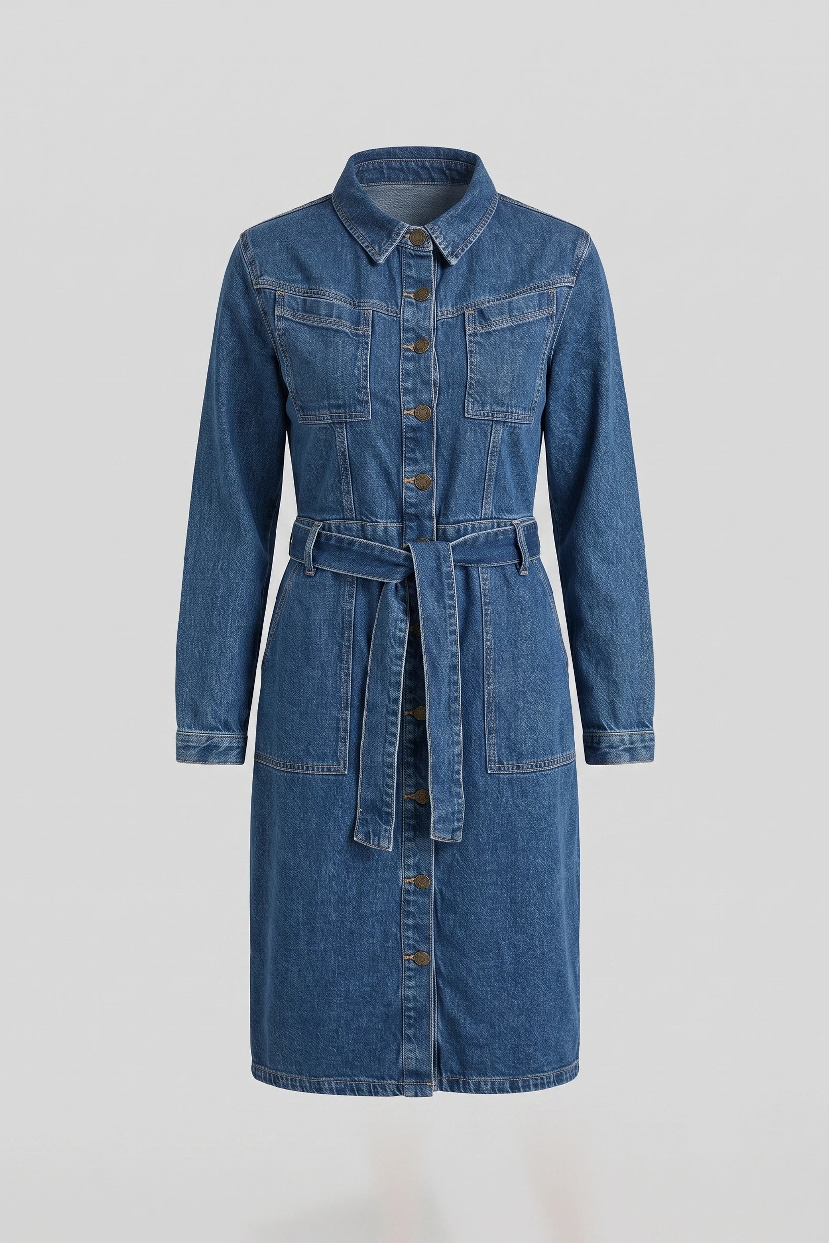 Ladies Long Sleeve Denim Dress with Waist Belt Style