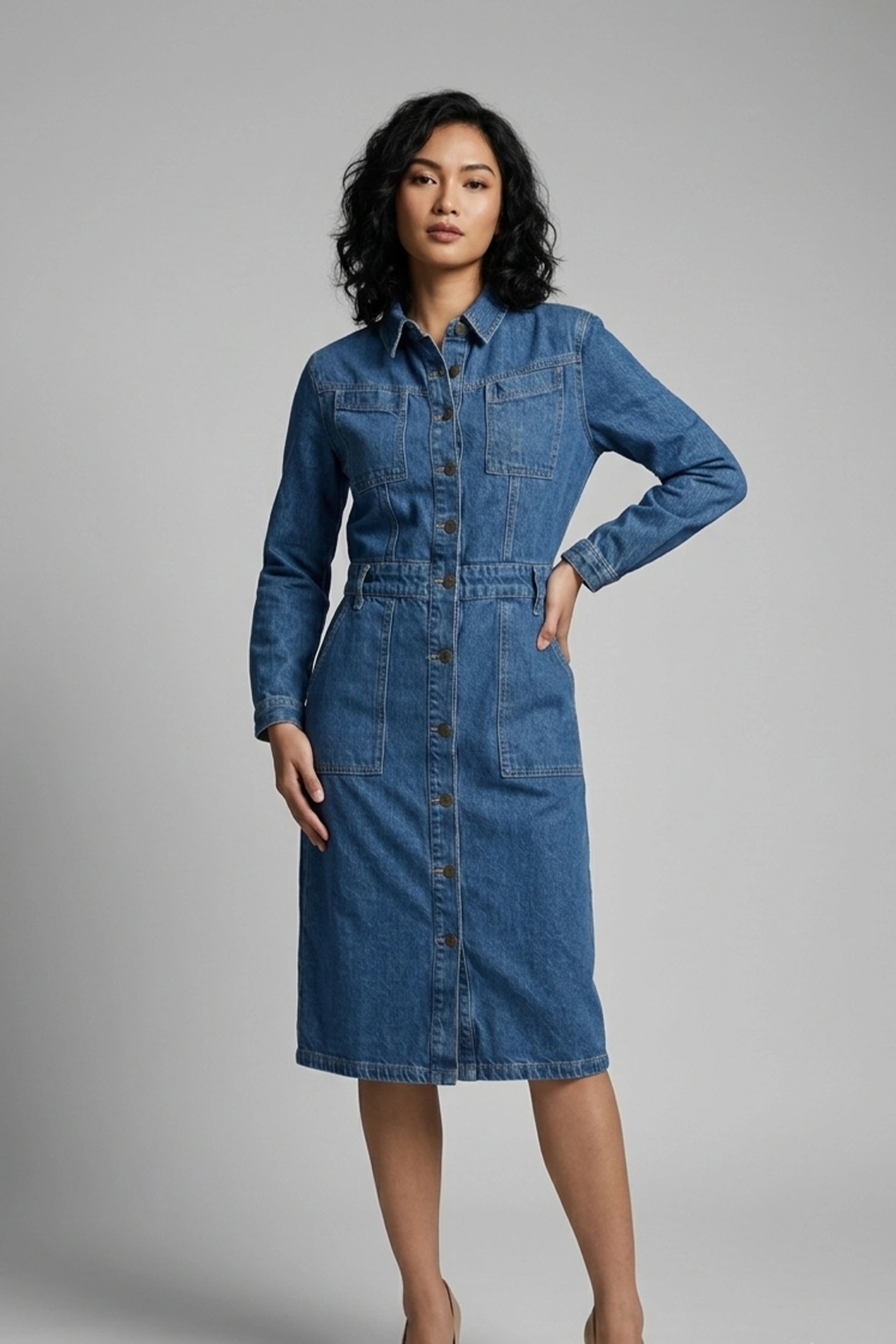 Ladies Long Sleeve Denim Dress without Waist Belt Style