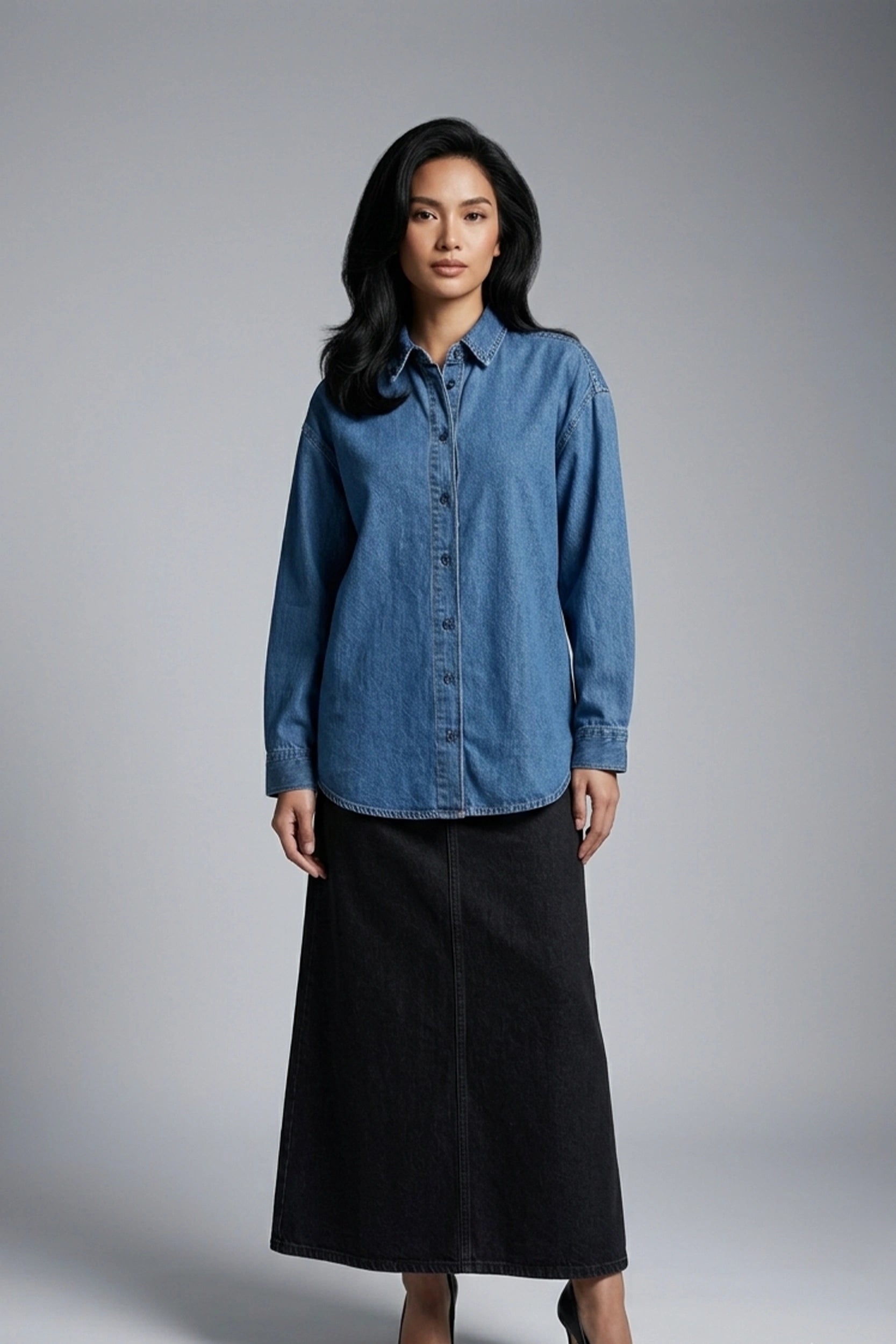 Ladies Long Sleeve Relax Fit Denim Polo Shirt