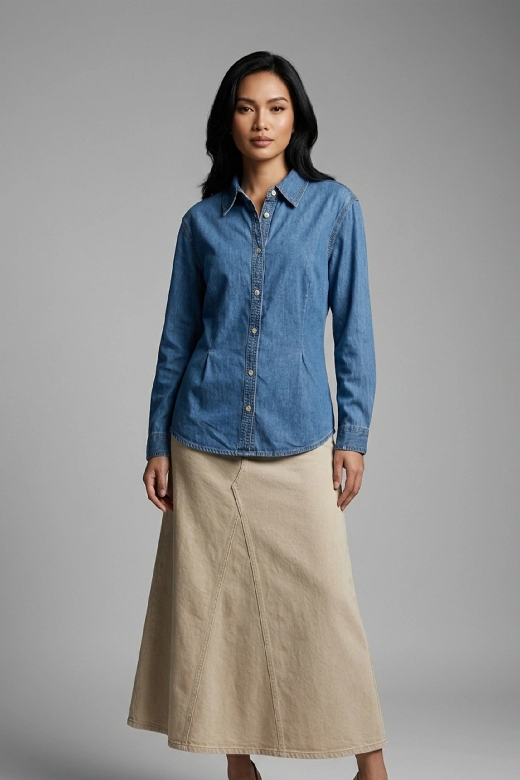 Ladies Long Sleeve Slim Fit Denim Polo Shirt for Women