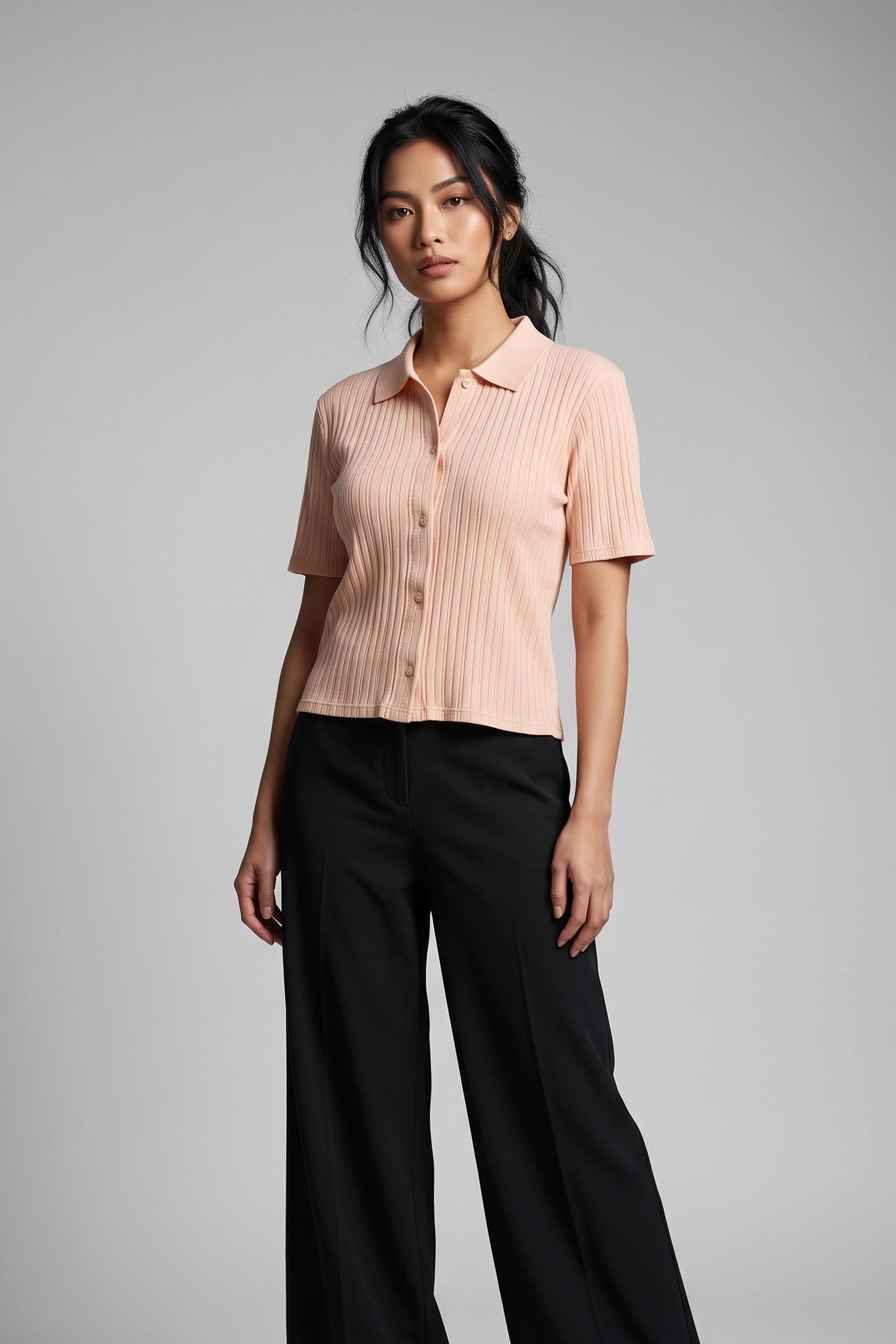 Ladies Polo Rib Top - Cropped T-Shirt with Button Detail