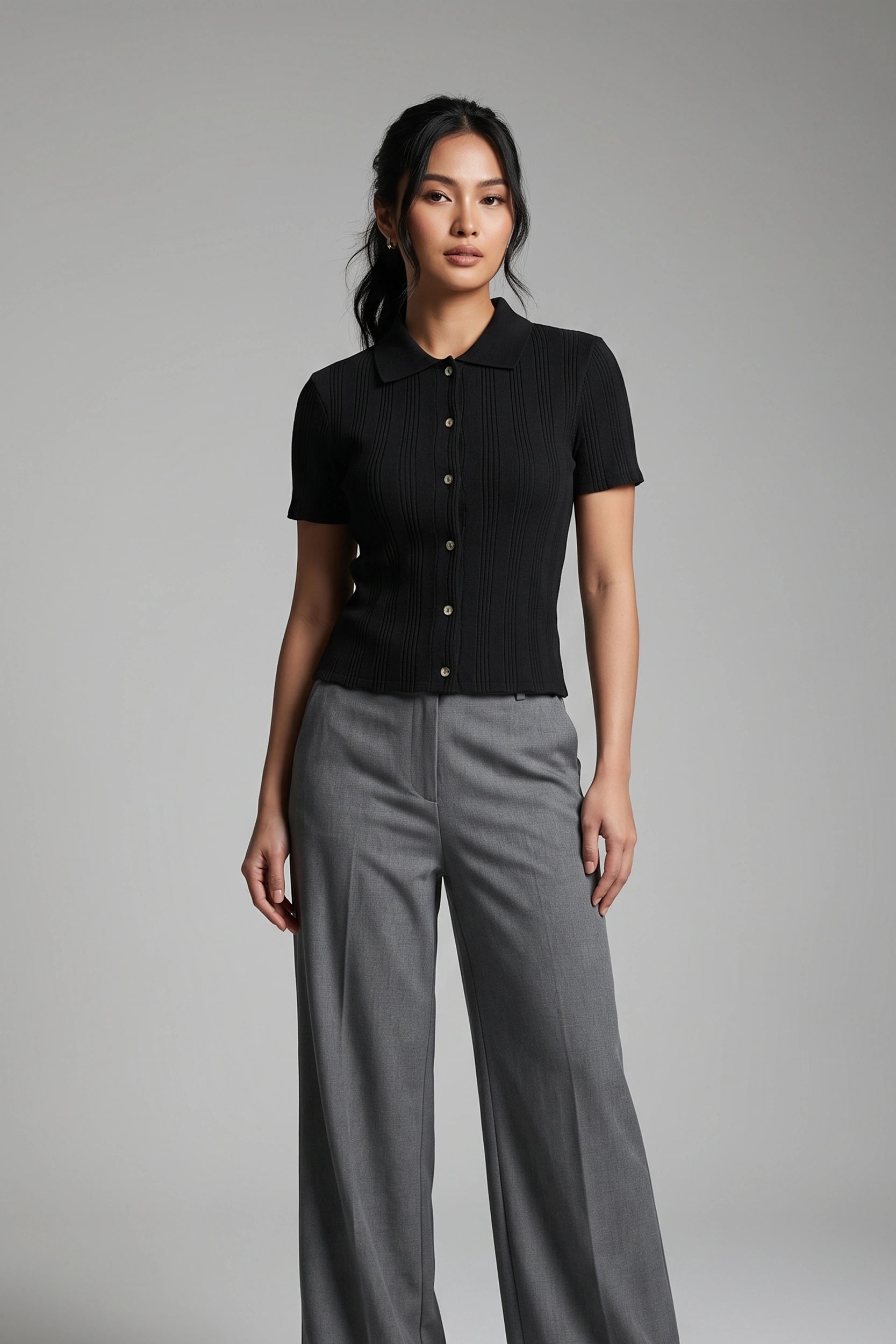 Ladies Polo Rib Top - Cropped T-Shirt with Button Detail