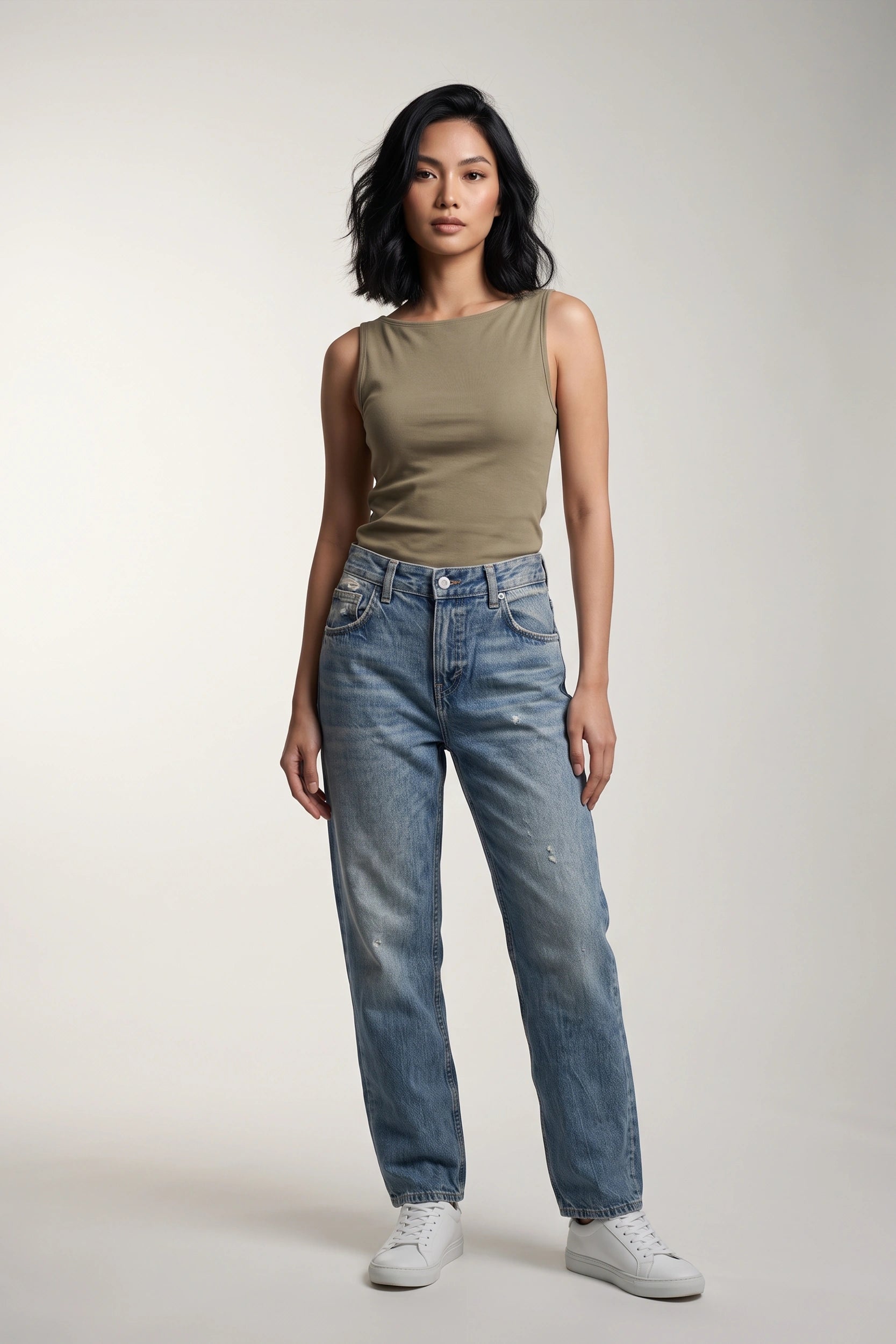 Ladies Ripped Straight Cut High Rise Denim Jeans
