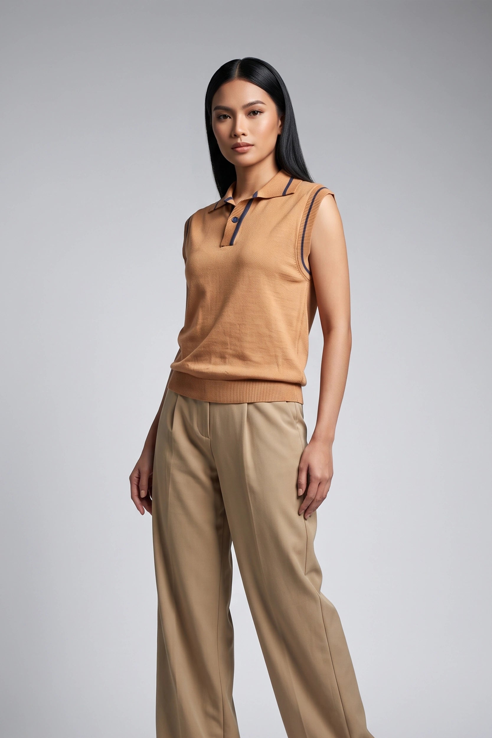 Ladies Sleeveless Knitted Polo Top Women Casual Shirt