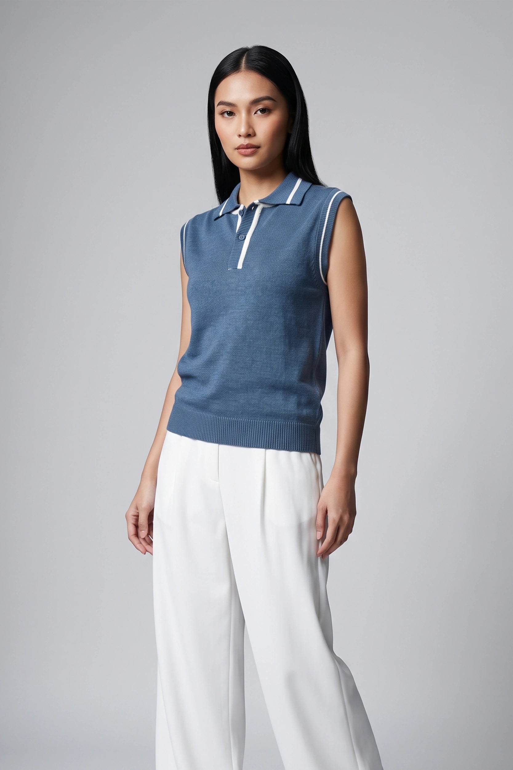 Ladies Sleeveless Knitted Polo Top Women Casual Shirt