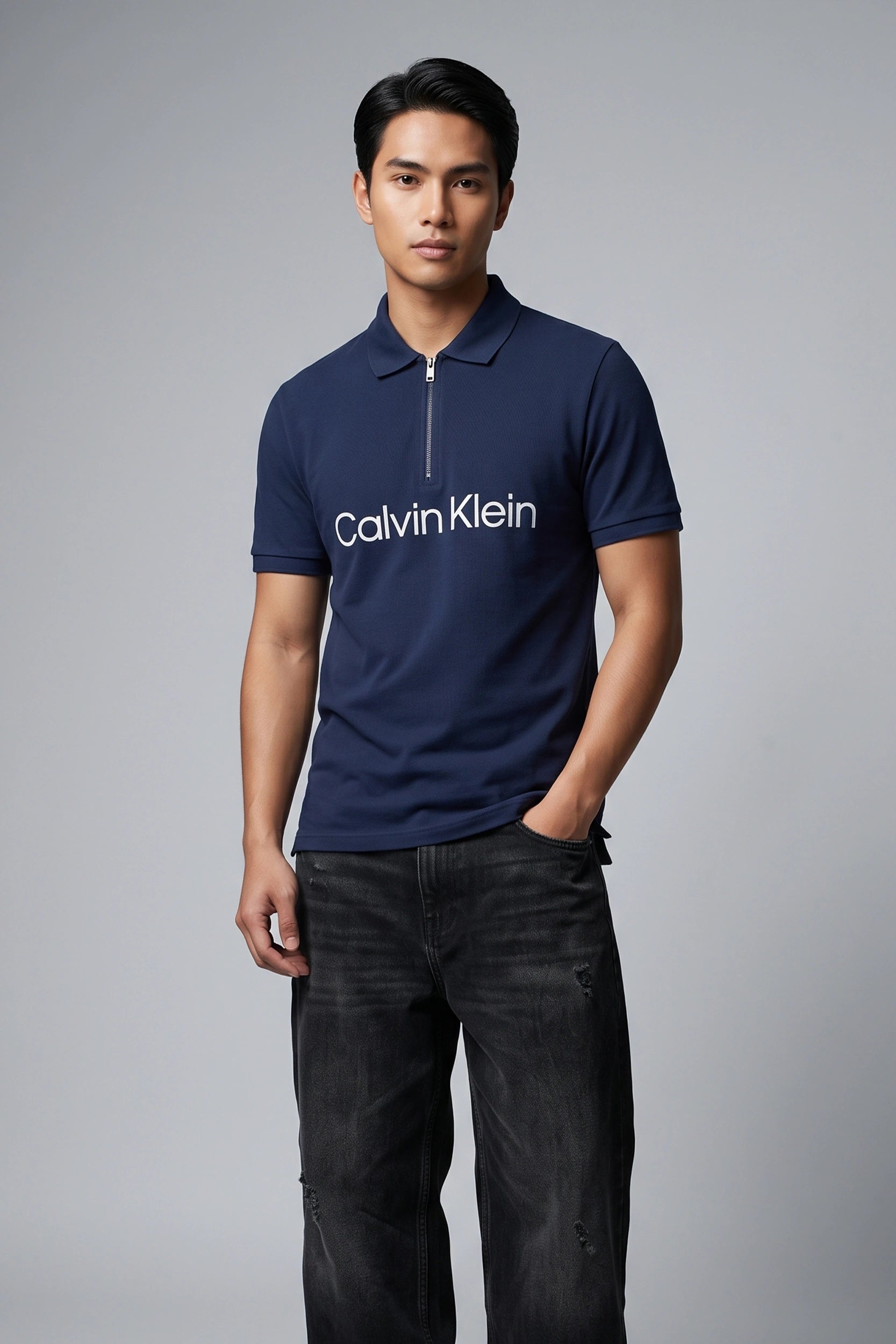 Men's Slim Fit Polo Shirt with Zipper Placket Detail