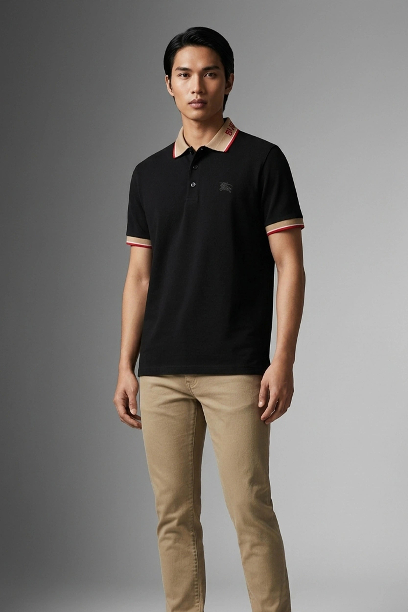 Men's Polo Shirt with Brown Contrast Collar Trim Detail