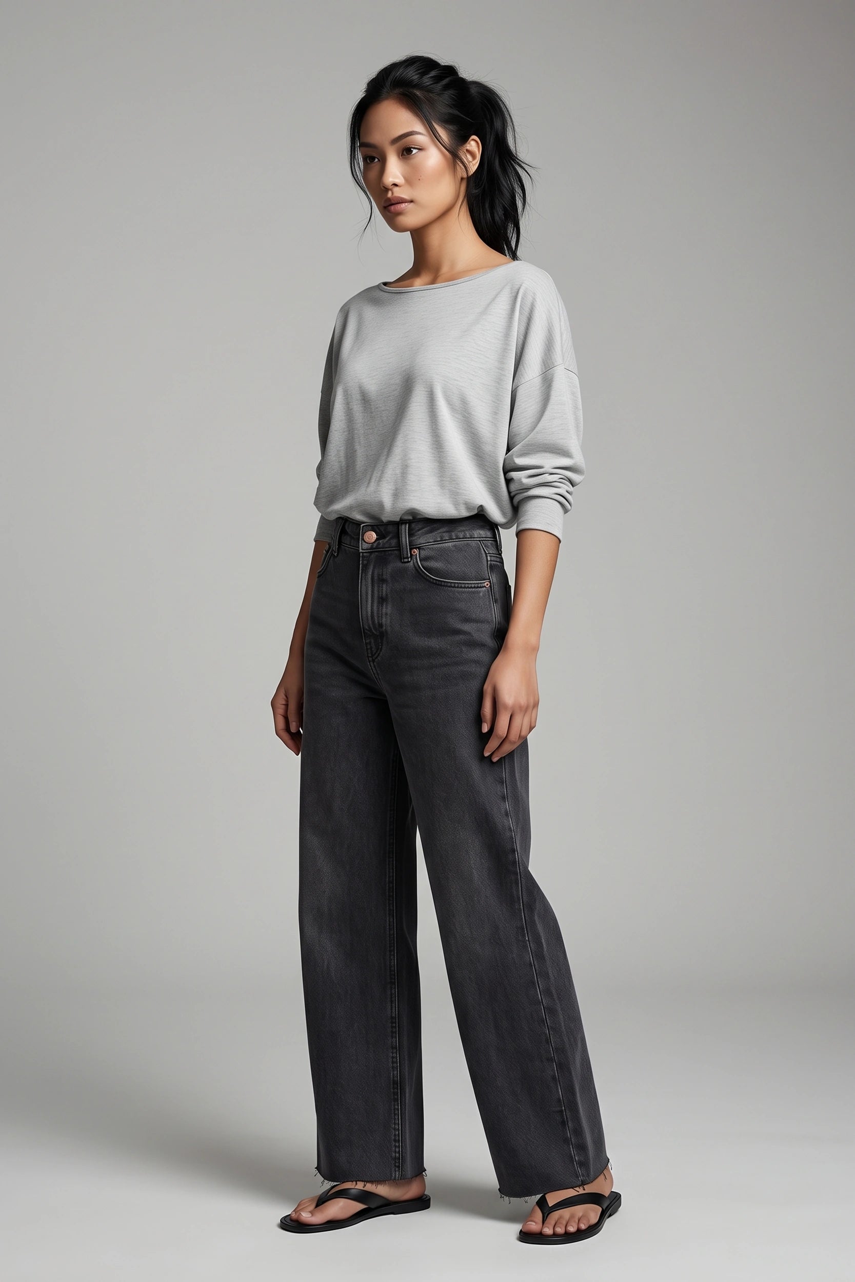 Women High Rise Petite Length Wide Leg Jeans Ash Black