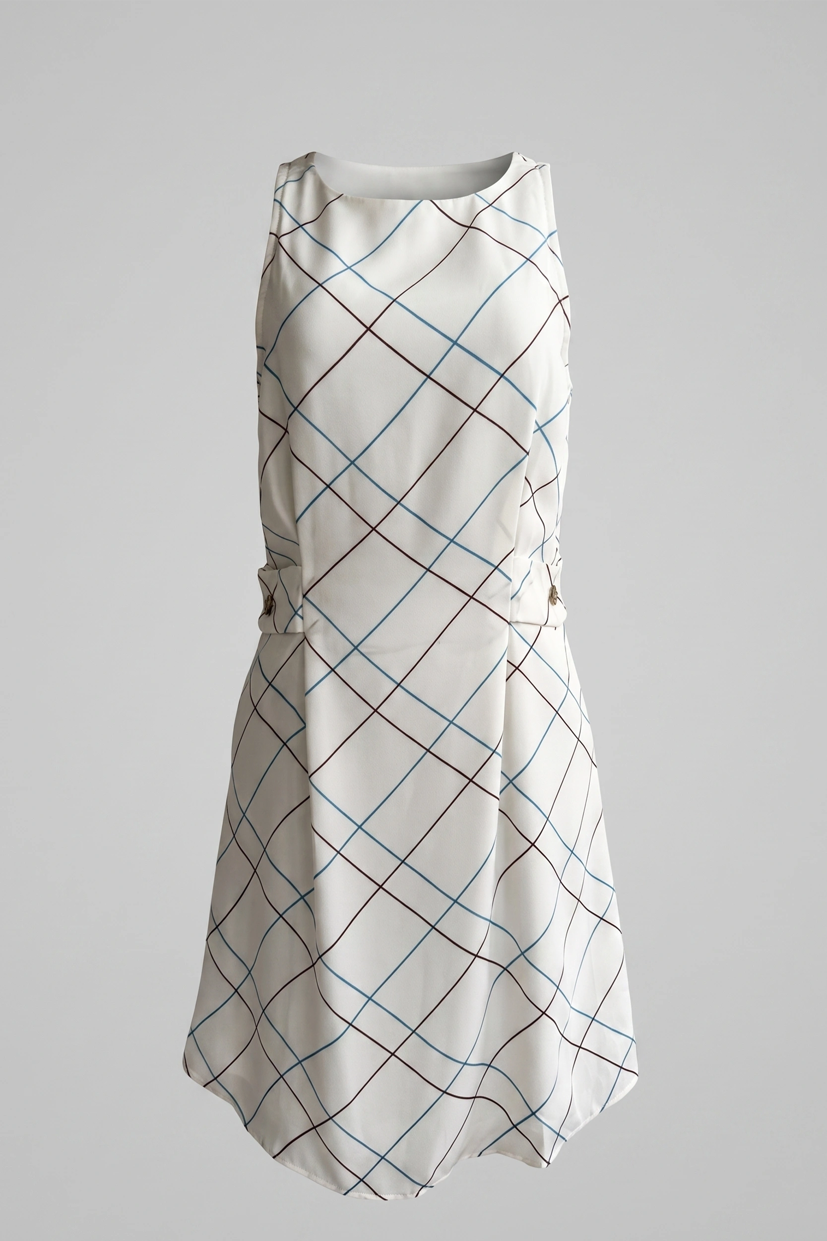 Women's White Checked Sleeveless Georgette Mini Dress