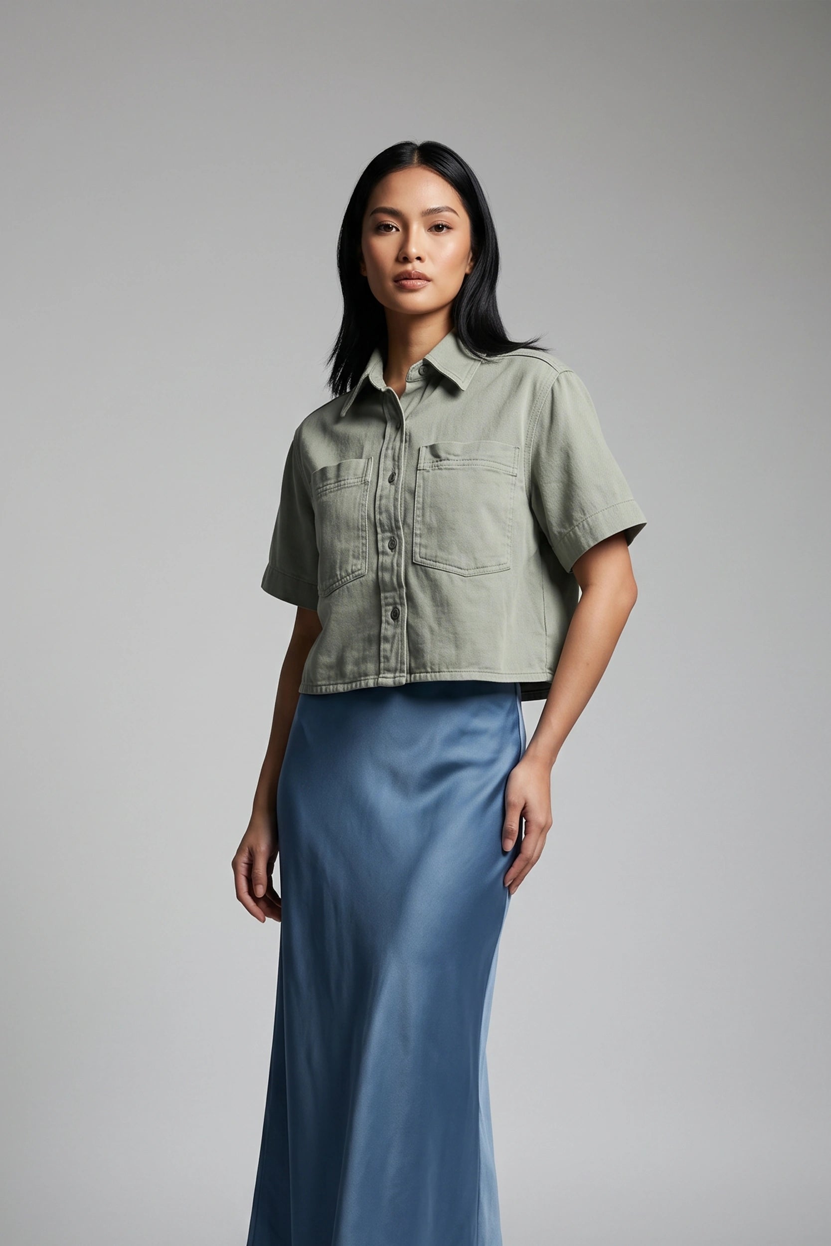 Ladies Soft Denim Polo Crop Shirt Women Casual Top