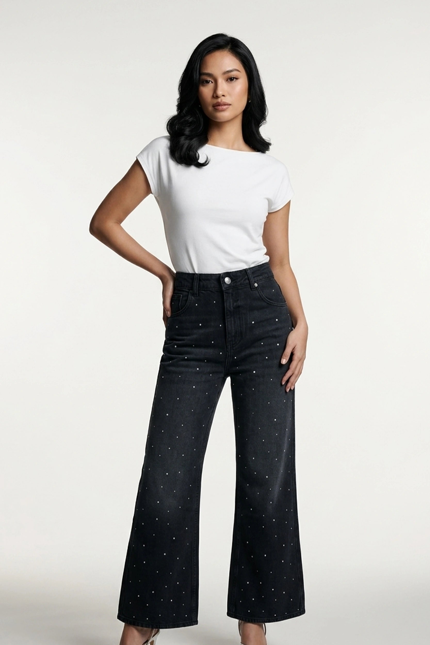 Women's Semi Bootcut Embellished Jeans Black Denim