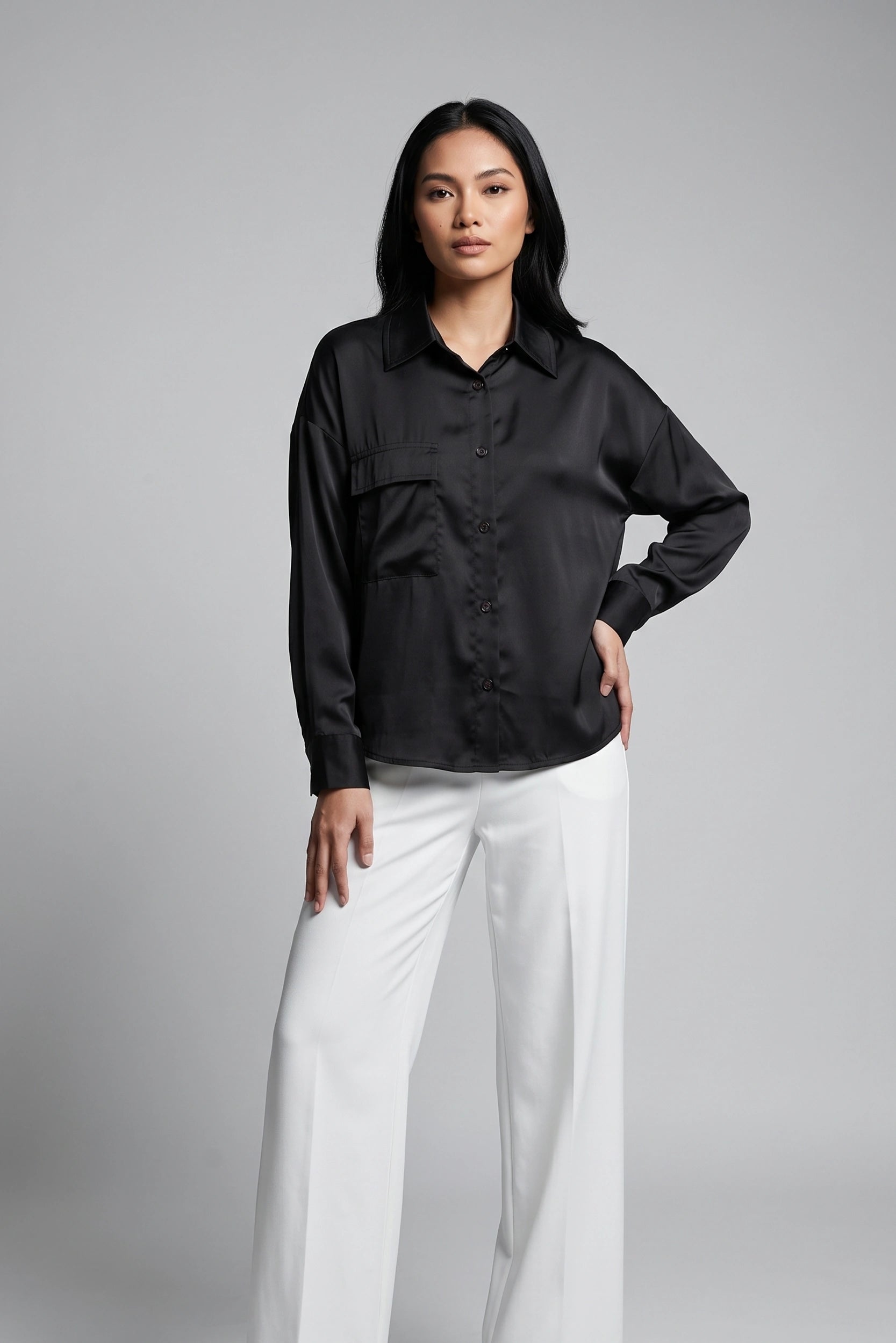 Silk Longsleeve Drop Shoulder Top - Elegant Wear