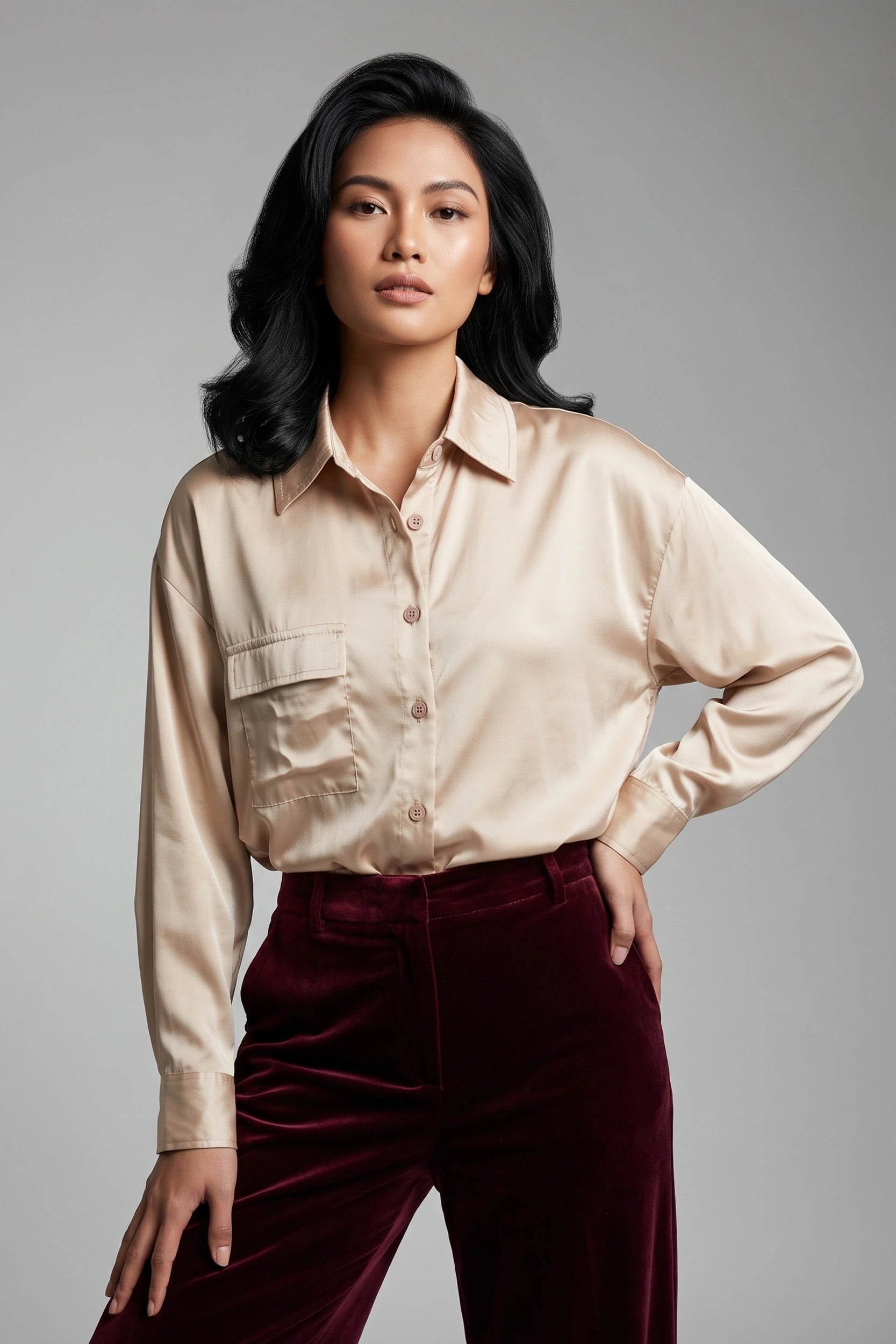 Silk Longsleeve Drop Shoulder Top - Elegant Wear