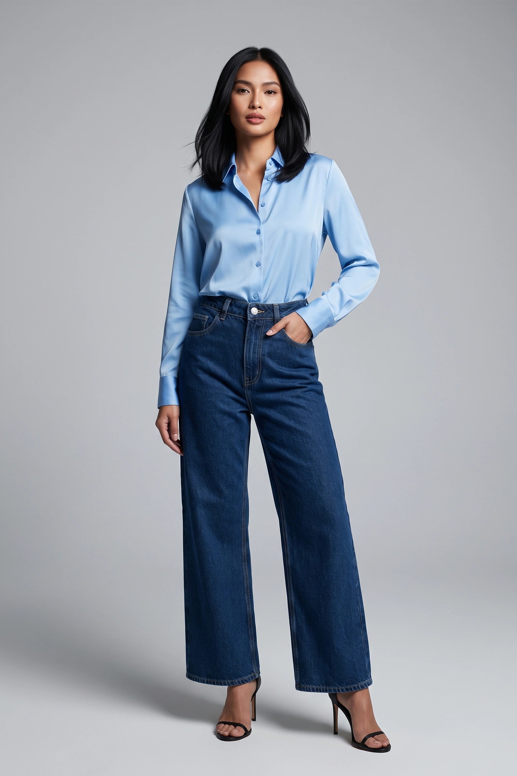 Straight Cut Super High Rise Denim Pants Women Blue