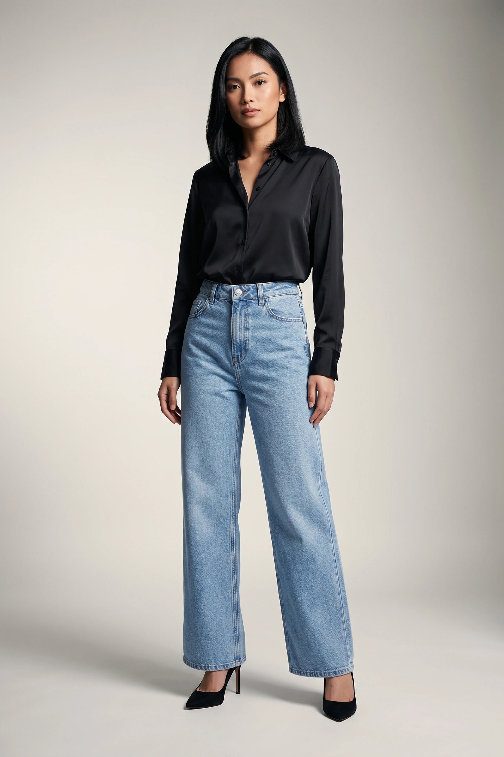 Straight Cut Super High Rise Denim Pants Women Blue