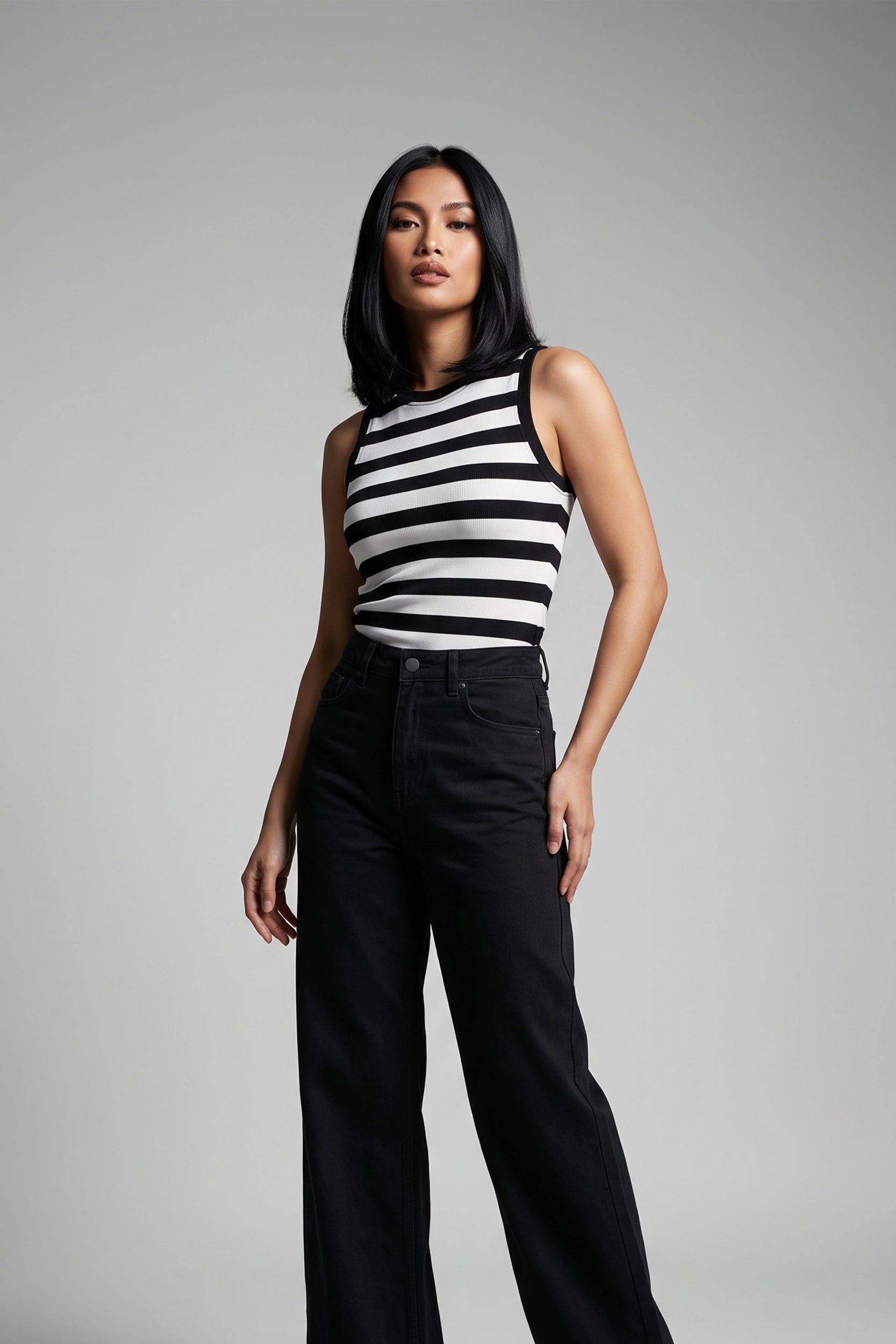 Women's Fitted Sleeveless Striped Top - Asian Size Wear