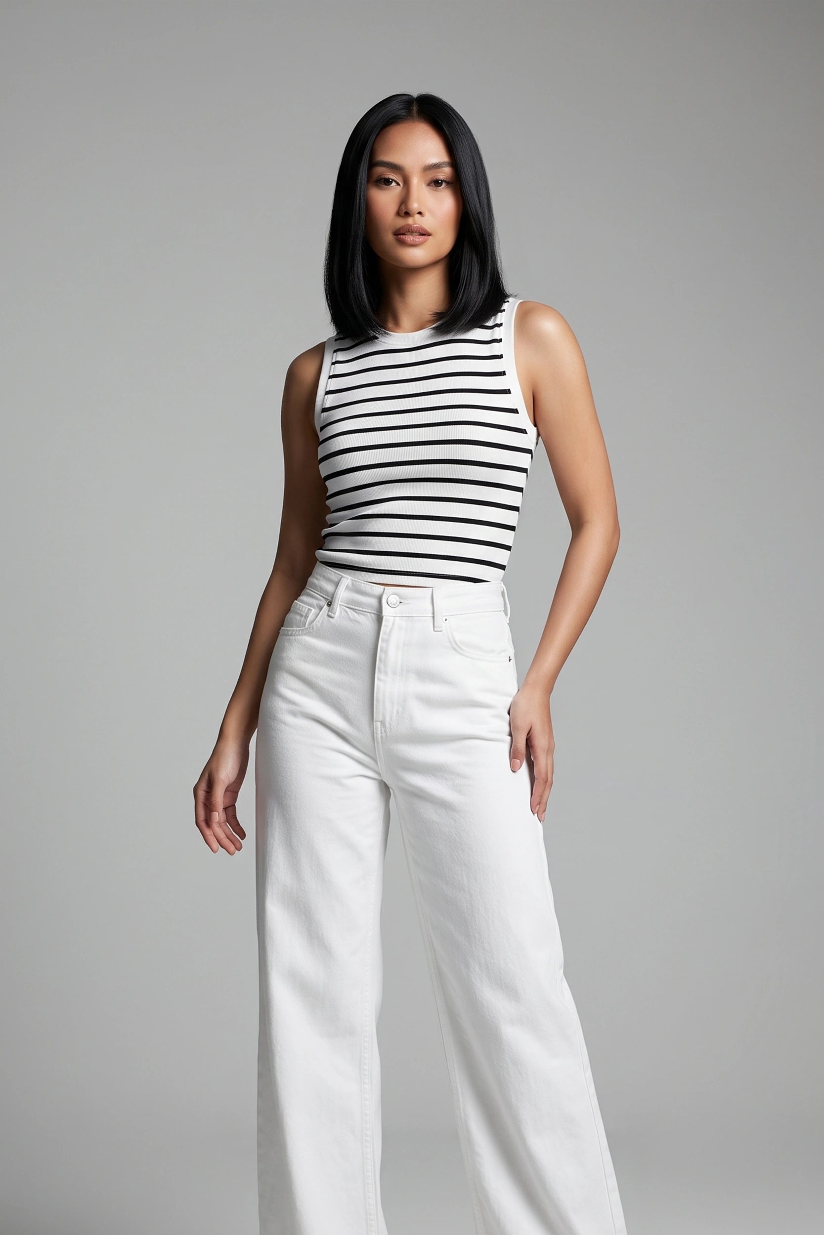 Women's Fitted Sleeveless Striped Top - Asian Size Wear