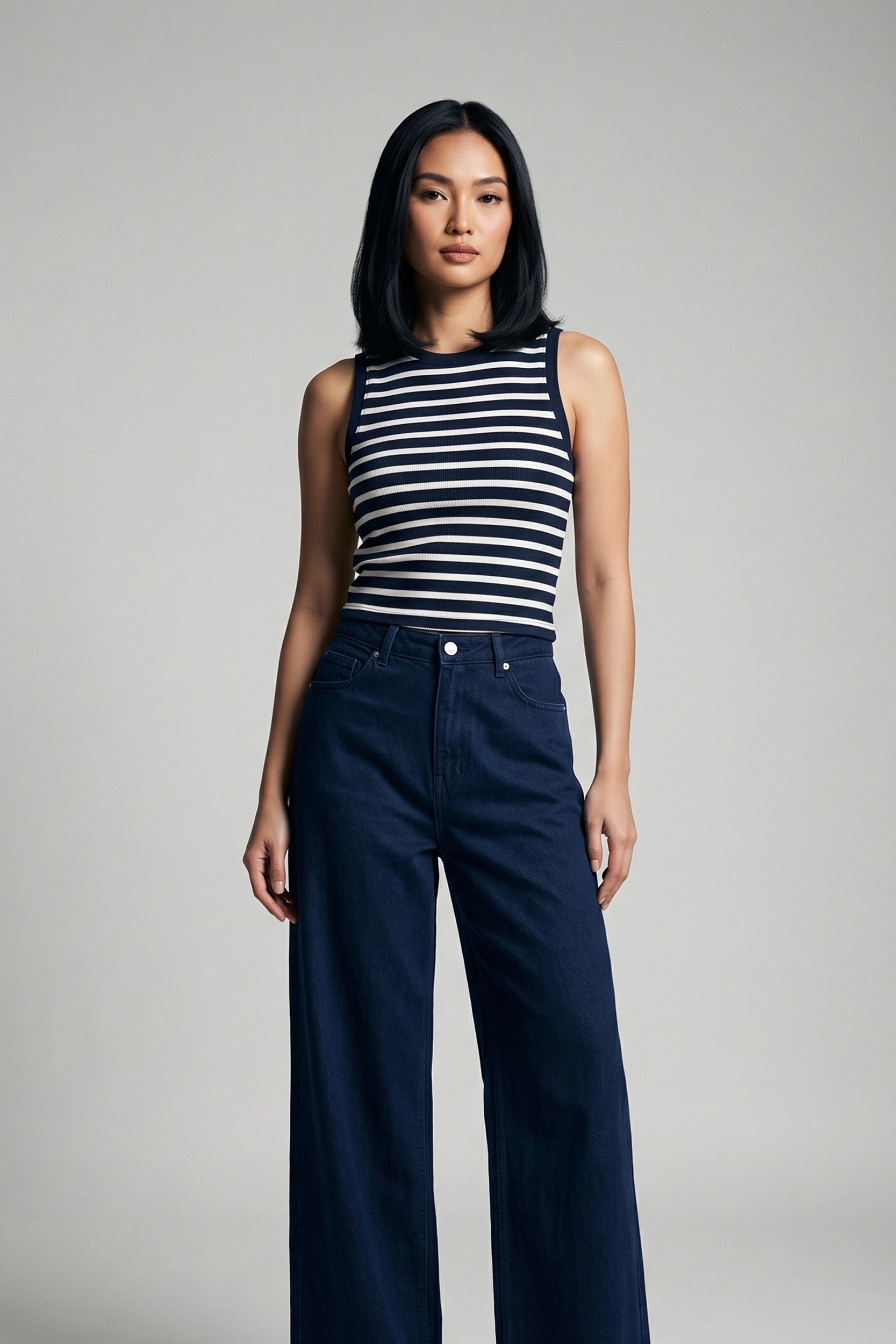 Women's Fitted Sleeveless Striped Top - Asian Size Wear