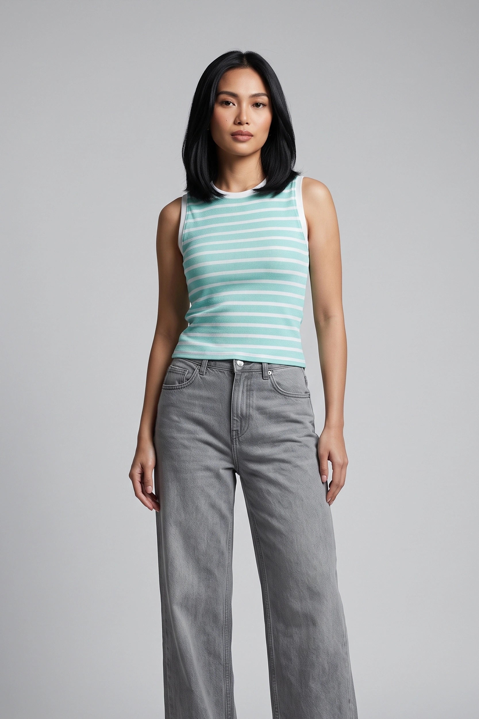 Women's Fitted Sleeveless Striped Top - Asian Size Wear