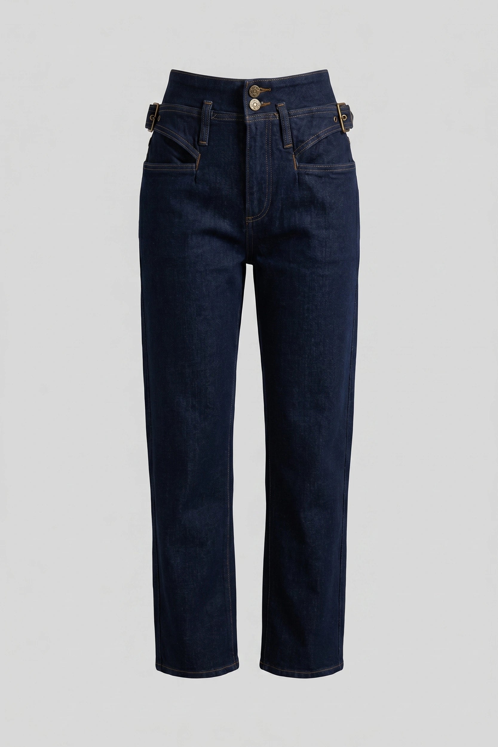 Women's Denim Straight Cut High Rise Pants with Belt