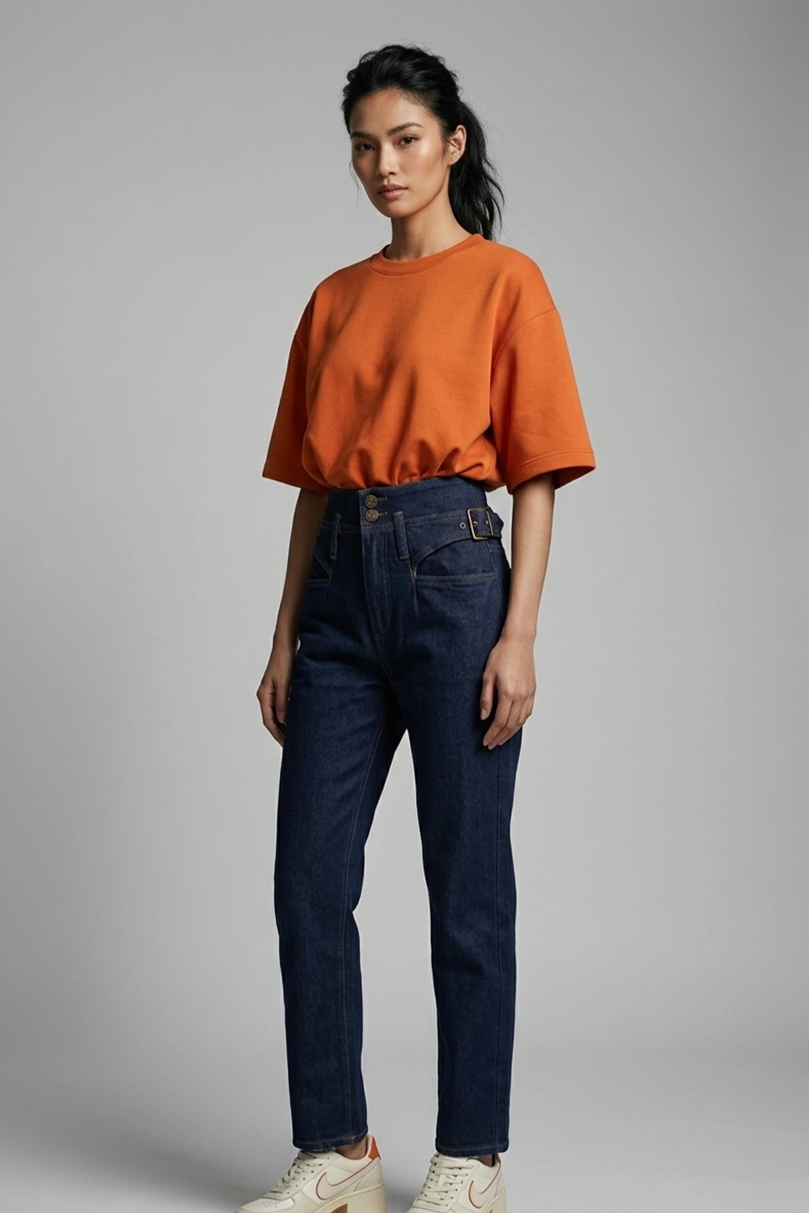 Women's Denim Straight Cut High Rise Pants with Belt